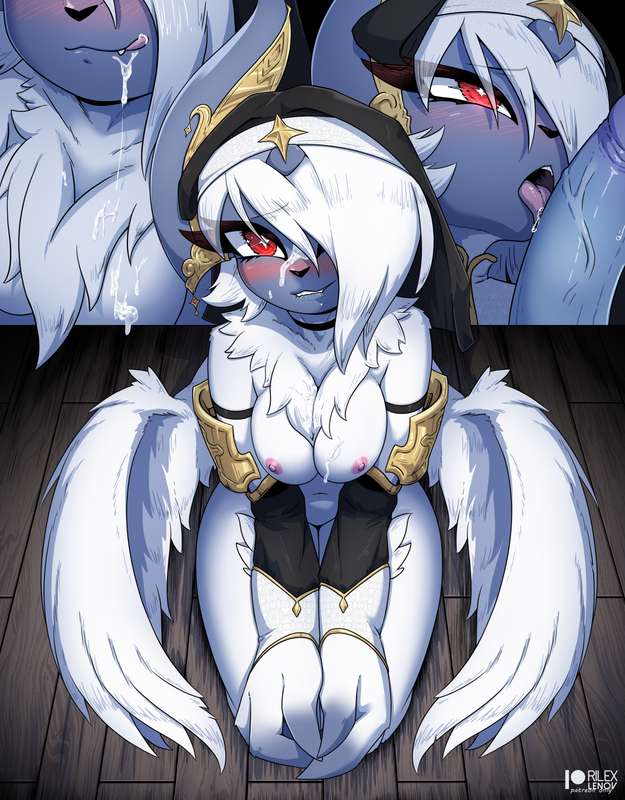 absol, anthro, blue body, blush, chest fur, chest tuft, cosplay, costume, cum, cum in mouth, fallen angel, female, furry, furry female, horn, kemonomimi, licking, licking penis, looking at viewer, male, nipples, on knees, penis, pokémon (species), pokemon, pokemon (species), priestess, red eyes, rilex lenov, tagme, topless, white fur, wings
