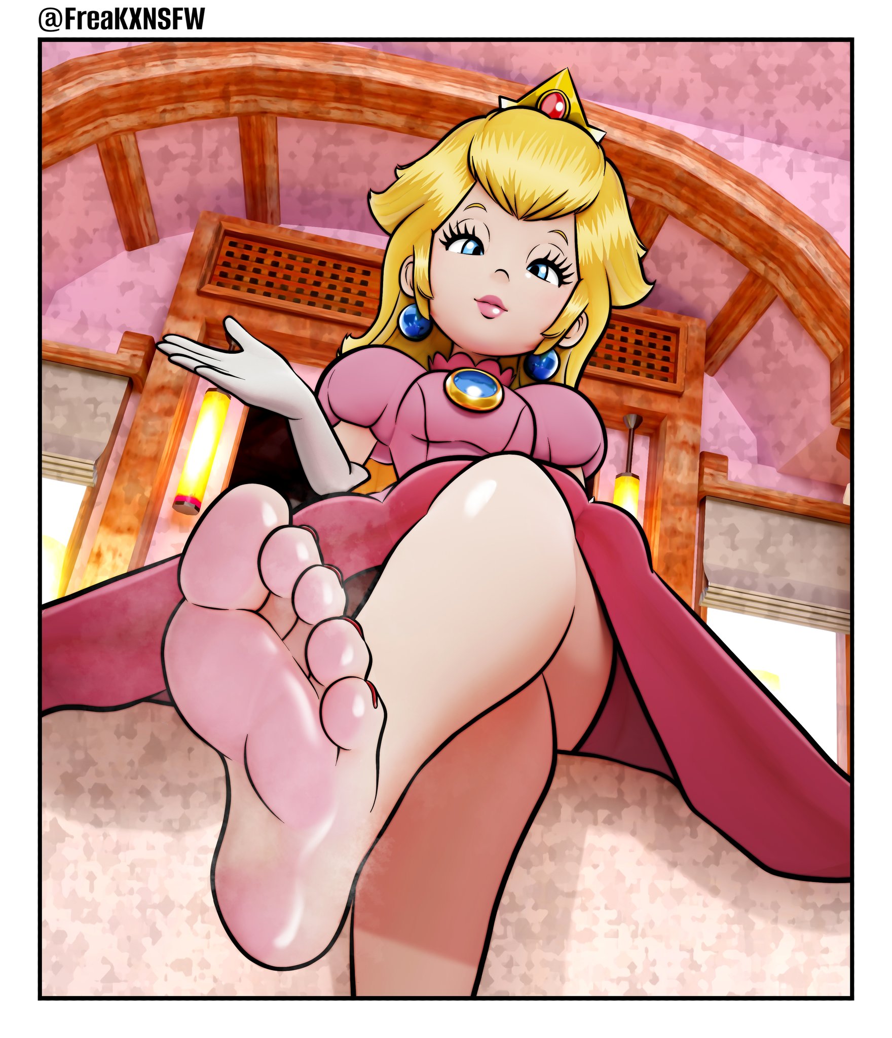 blonde female, blonde hair, clothed female, feet, feet focus, female, female focus, female only, foot fetish, foot focus, freakx, looking at viewer, mario (series), nintendo, pink dress, princess, princess peach, soles, soles female, soles fetish, super mario bros., white skinned female