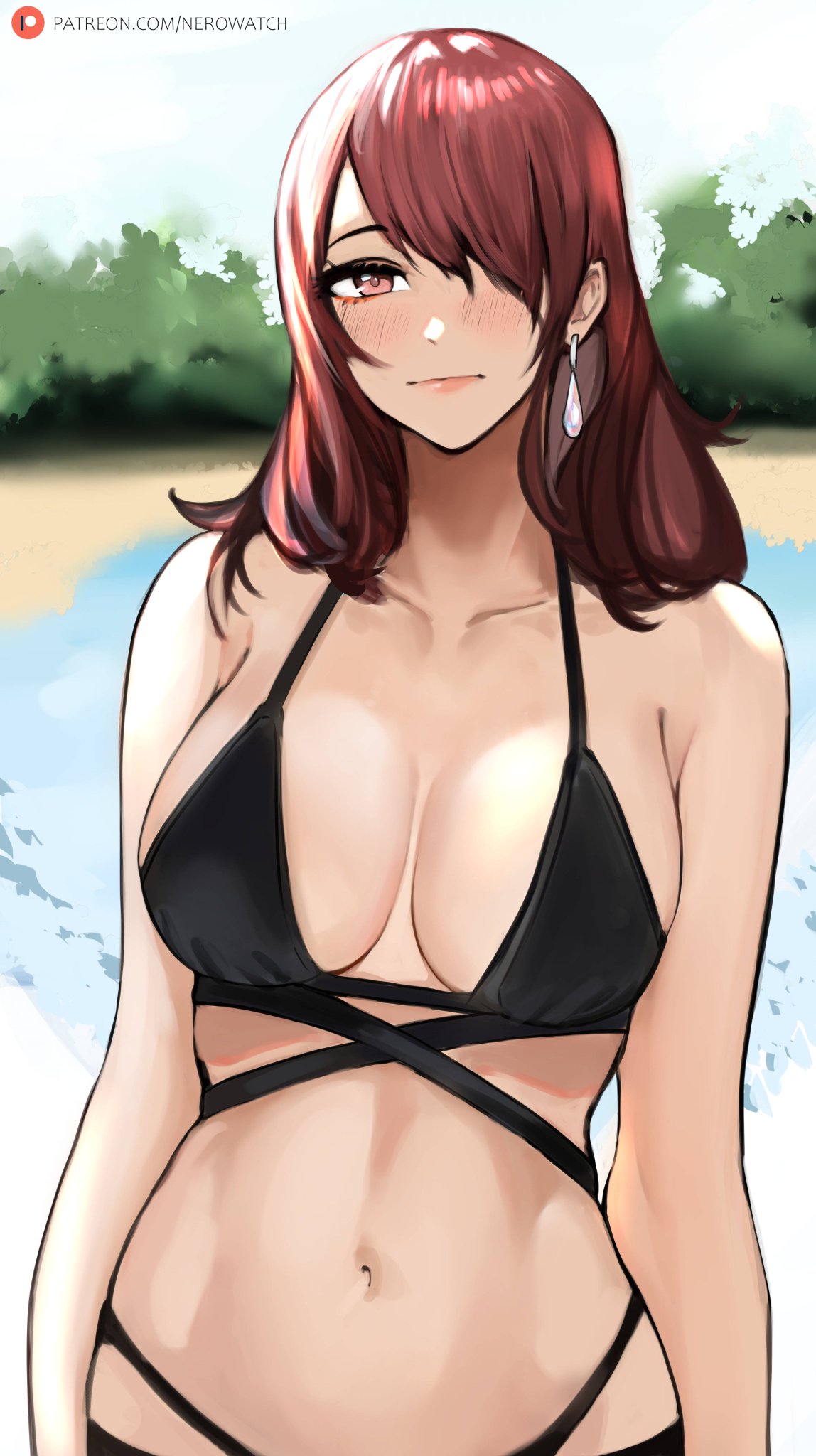 blush, breasts, earring, earrings, female, female focus, female only, hair covering eye, hair covering one eye, long hair, looking at viewer, mitsuru kirijo, nero watch, one eye covered, persona, persona 3, red hair, shin megami tensei, solo female, swimwear