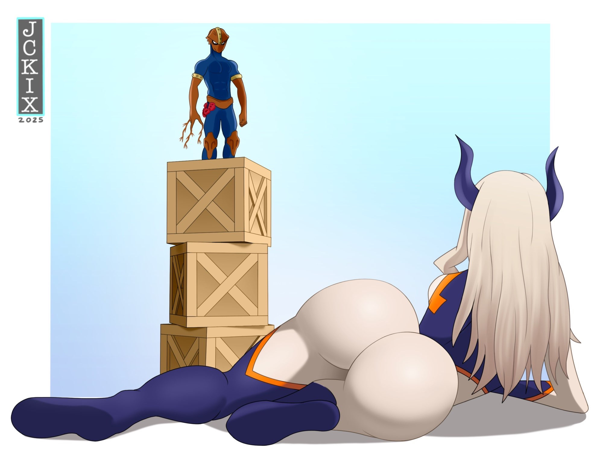 1boy, 1girls, 2025, artist name, ass, ass focus, boku no hero academia, female, giantess, horns, jckix art, kamui woods, laying on ground, male, meme, mount lady, mt. lady, my hero academia, nishiya shinji, shinrin kamui, superhero, superheroine, takeyama yuu, tight clothing, tights, viewed from behind, white hair, yuu takeyama