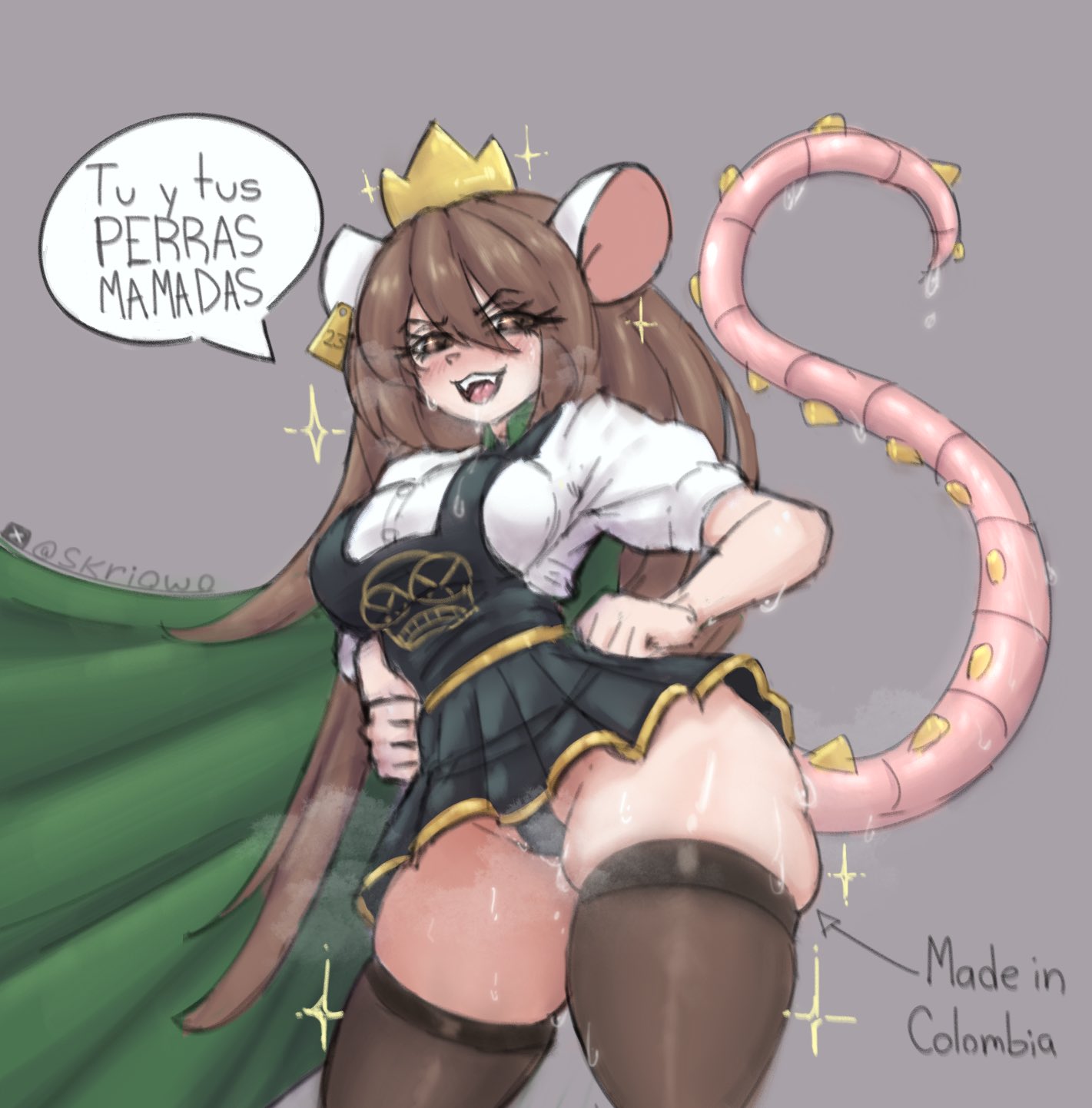 black dress, black stockings, brown hair, colombian, colombian female, crown, cukizilla, female, green cape, latina, latina female, perfectos desconocidos, pussy, rat ears, rat tail, skri0 0, skriowo, spanish text, sweat, vaginal fluids, white shirt, youtube, youtube hispanic, youtuber, youtuber character