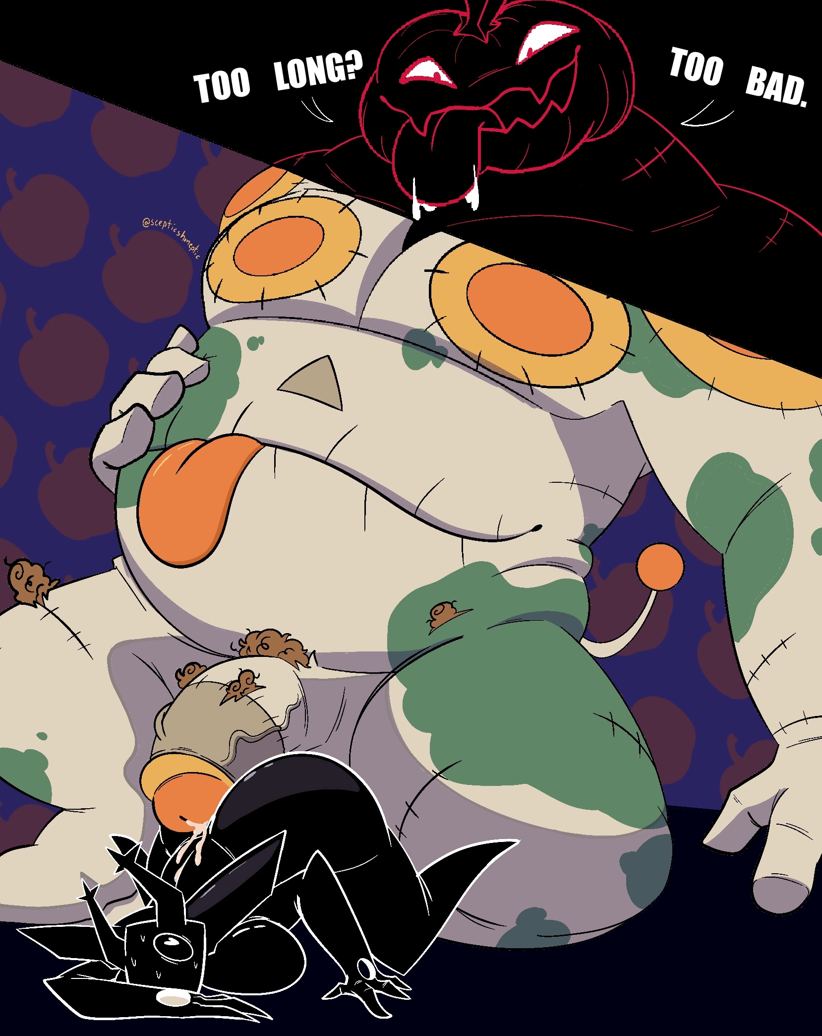 1girls, black body, deltarune, deltarune chapter 3, deltarune chapter 4, dialogue, english, english text, fat male, female, gameplay mechanics, imminent sex, impossible fit, jack o' lantern, jackenstein, jackenstein's pumpkin, large penis, larger male, leaking cum, male, penis, penis between ass, penis on ass, precum, pumpkin, roaring knight, rule 63, scepticshmeptic, size difference, smaller female, straight, undertale (series), video game character, video games