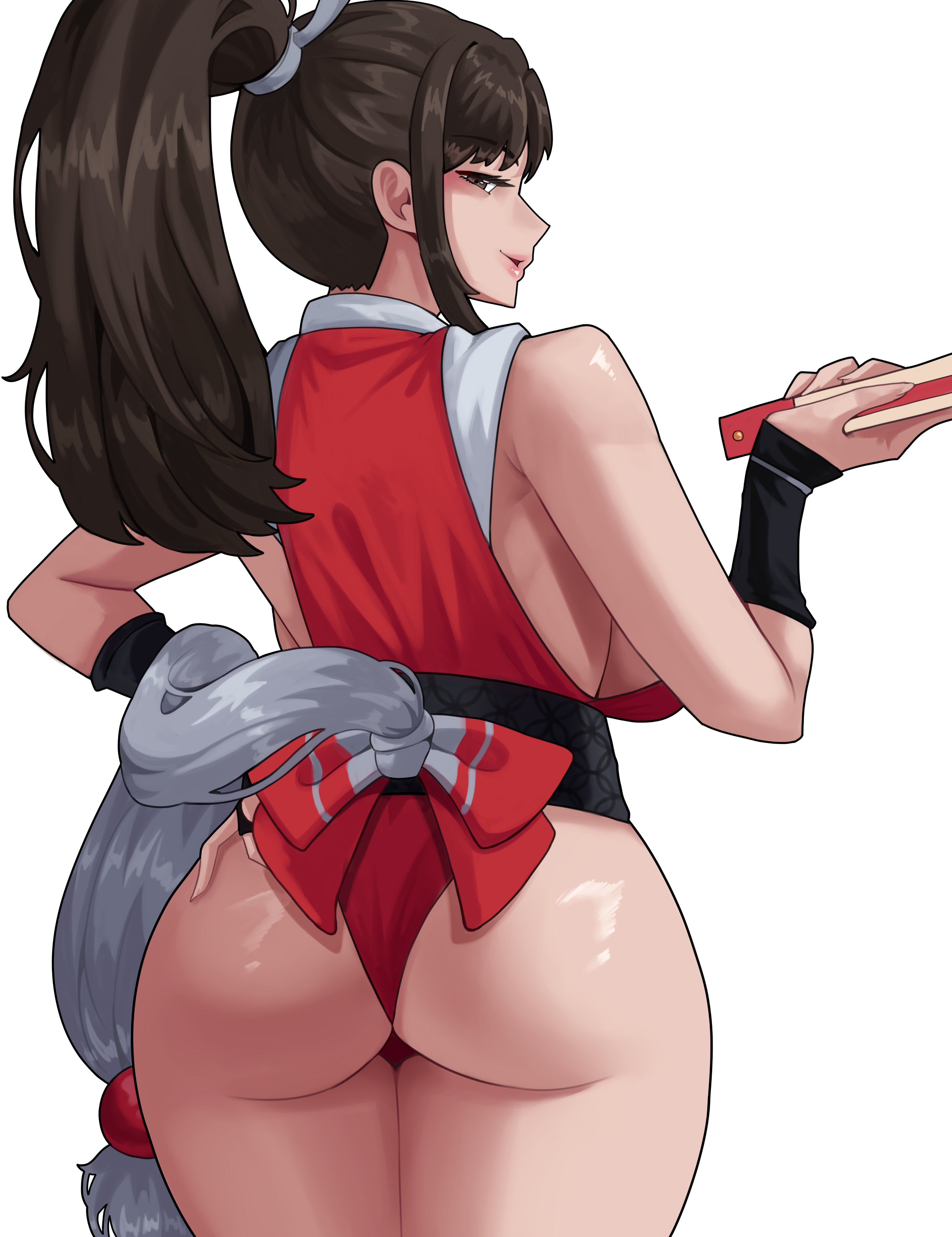 absurdres, arapanchi, ass, bow, breasts, brown eyes, brown hair, fatal fury, female, female only, folded fan, folding fan, from behind, hand fan, hand up, high ponytail, highres, holding, holding fan, japanese clothes, king of fighters, large breasts, legs together, long hair, looking at viewer, looking back, mai shiranui, motoyui, ninja, parted lips, ponytail, red bow, revealing clothes, sash, sideboob, simple background, sleeveless, smile, snk, solo, white background, wide hips, wrist guards