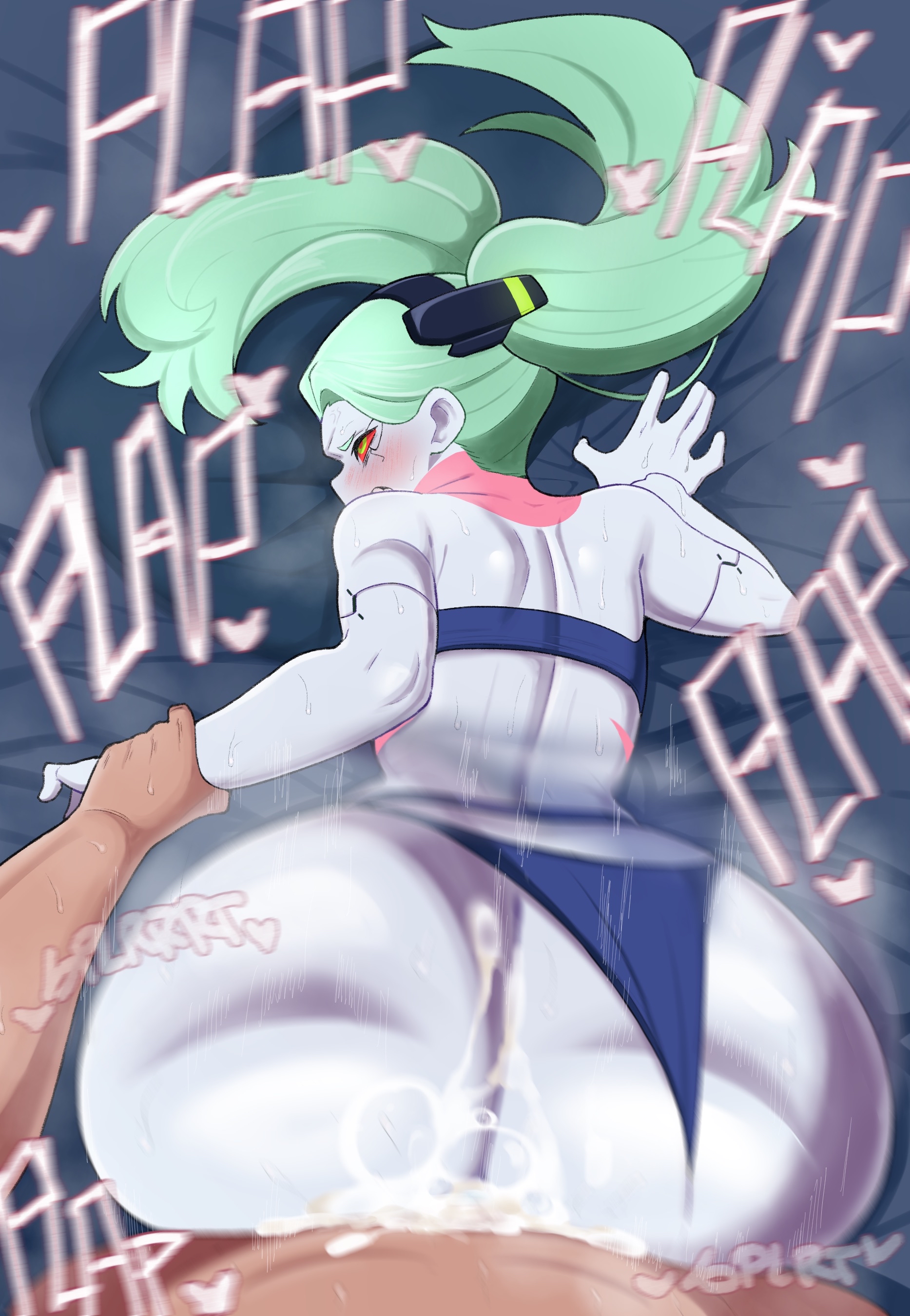 1boy, 1girls, ass, big ass, cyberpunk 2077, cyberpunk: edgerunners, female, green hair, huge ass, hyper ass, long hair, male, penetration, petite, rebecca (edgerunners), smaller female, tagme, twintails, vammzu