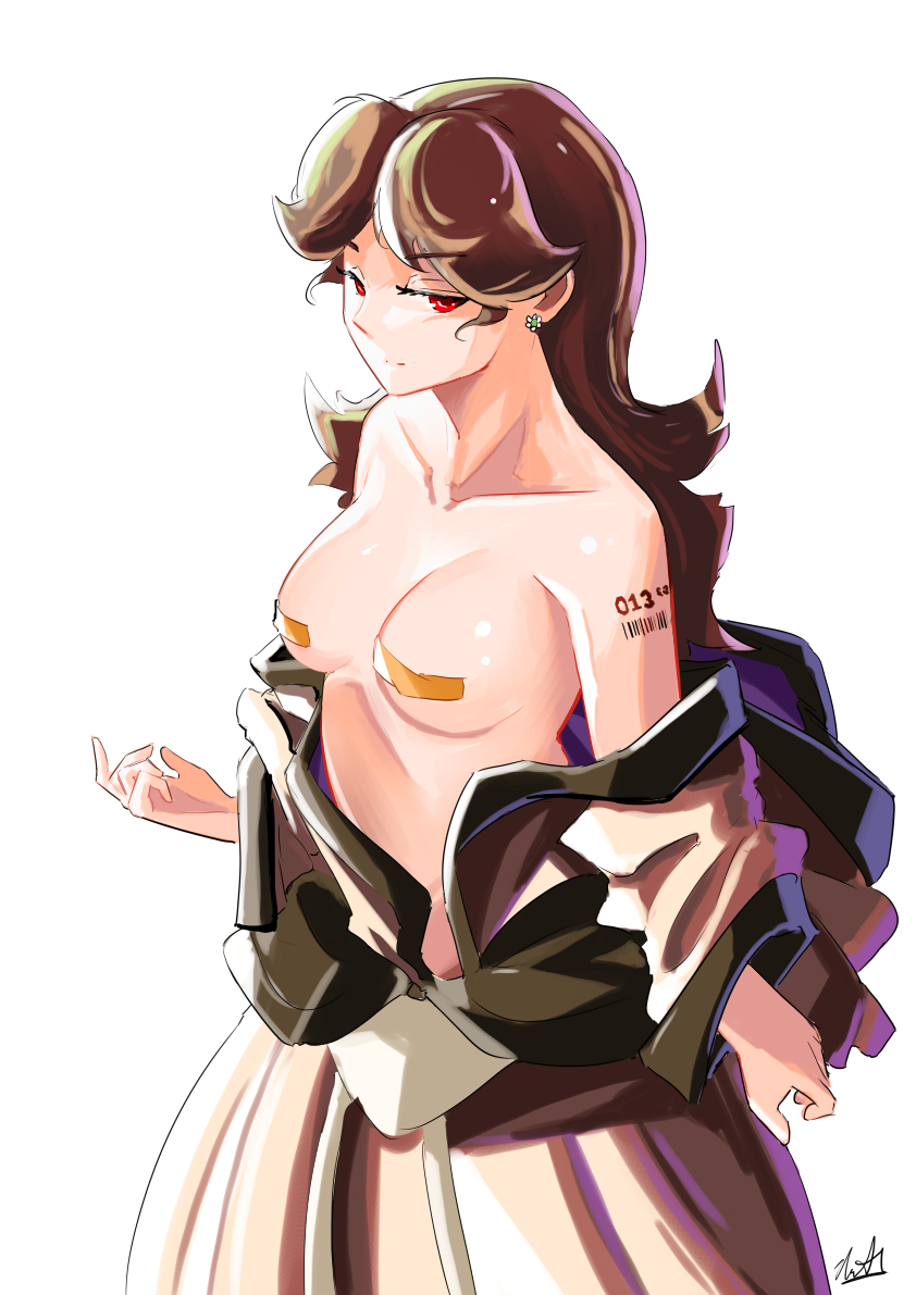 1girls, automatic giraffe, bandaid, bandaids on nipples, barcode, barcode tattoo, bare shoulders, breasts, brown hair, clothing, cyborg, expressionless, fair skin, fair-skinned female, female, female only, handdrawn, light skin, light-skinned female, long hair, long skirt, looking to the side, mario (series), mechanical, open clothes, princess daisy, red eyes, simple background, skirt, solo, standing, tattoo, undressing, white background