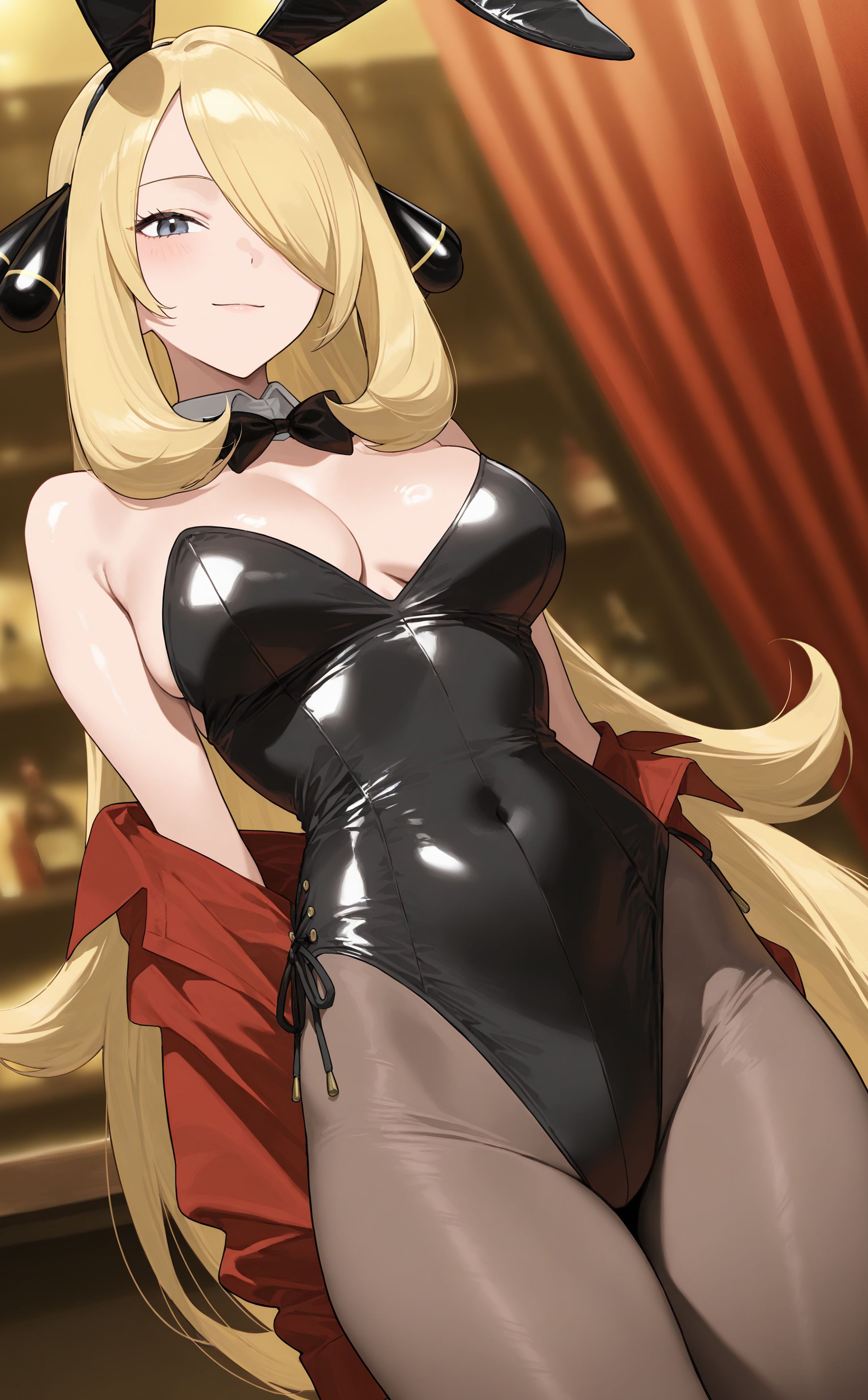 1girls, absurdres, ai generated, big breasts, black leotard, black pantyhose, blonde hair, blush, bow, bowtie, breasts, bunny ears, bunnysuit, cleavage, cynthia (pokemon), female, female only, grey eyes, hair over one eye, highres, huge breasts, leotard, long hair, pantyhose, pokemon, pokemon dppt, rabbit ears, smile, solo