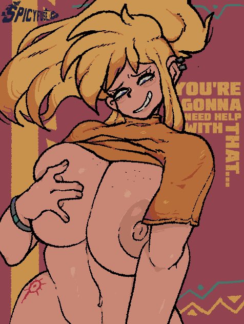 1girls ass big_breasts blonde_hair borrowed_character busty curvy dialogue female lanator original original_character spicyfuse text thick_thighs tiffany