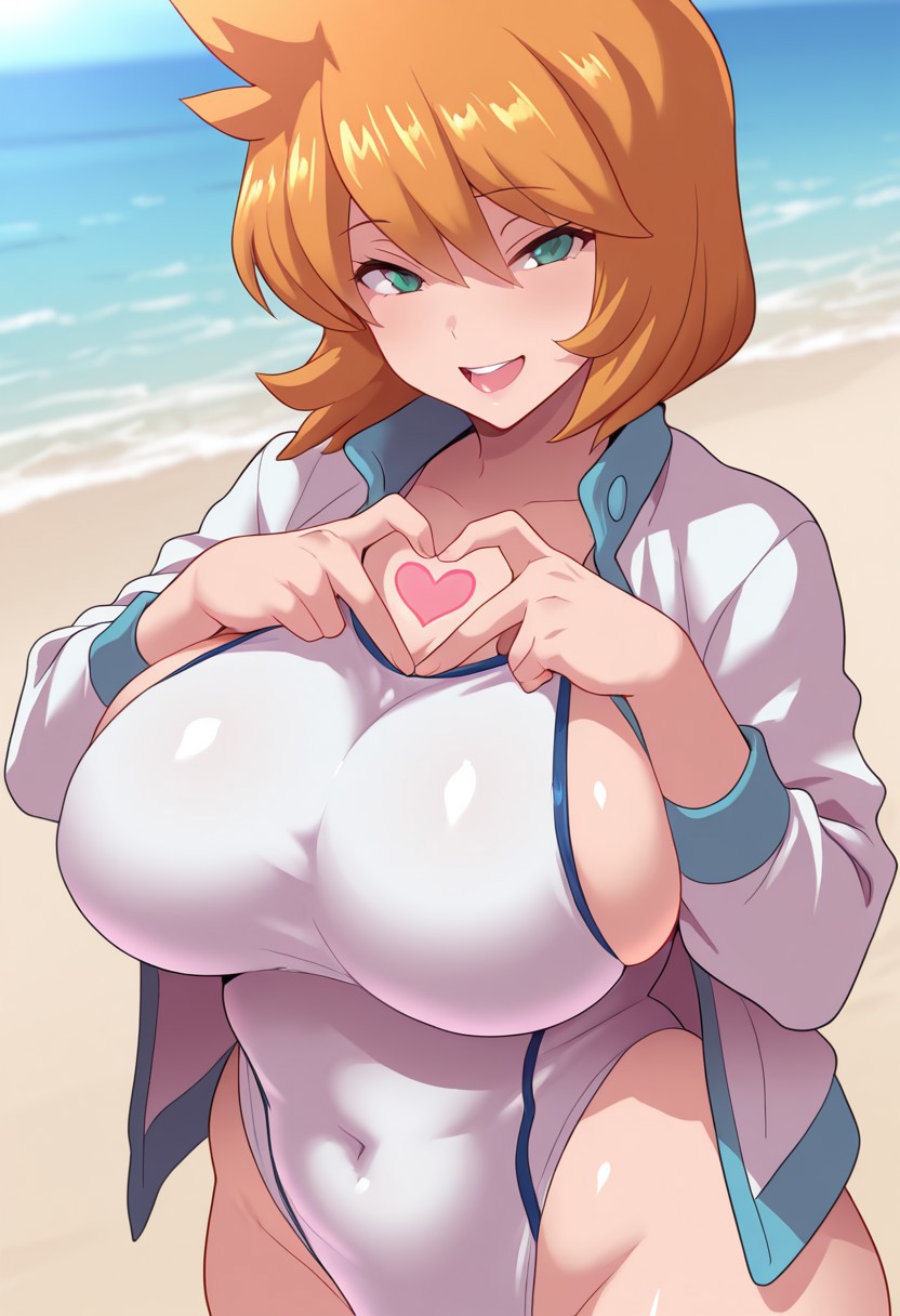 ai_generated alternative_bust_size bangs beach blue_sky blush breasts clavicle cleavage clothing competition_swimsuit covered_navel curvaceous day female female female_only green_eyes gym_leader hair_between_eyes heart heart_hands highleg highleg_swimsuit huge_breasts jacket kasumi_(pokemon) large_breasts long_sleeves looking_at_viewer misty_(pokemon_hgss) navel ocean one-piece_swimsuit open-mouth_smile open_clothes open_jacket open_mouth orange_hair outdoors pokemon pokemon_character pokemon_gsc pokemon_hgss shiny_skin shirt short_hair sideboob sky smile solo standing swimsuit tank_suit thick_thighs thighs water white_jacket white_one-piece_swimsuit white_swimsuit wide_hips
