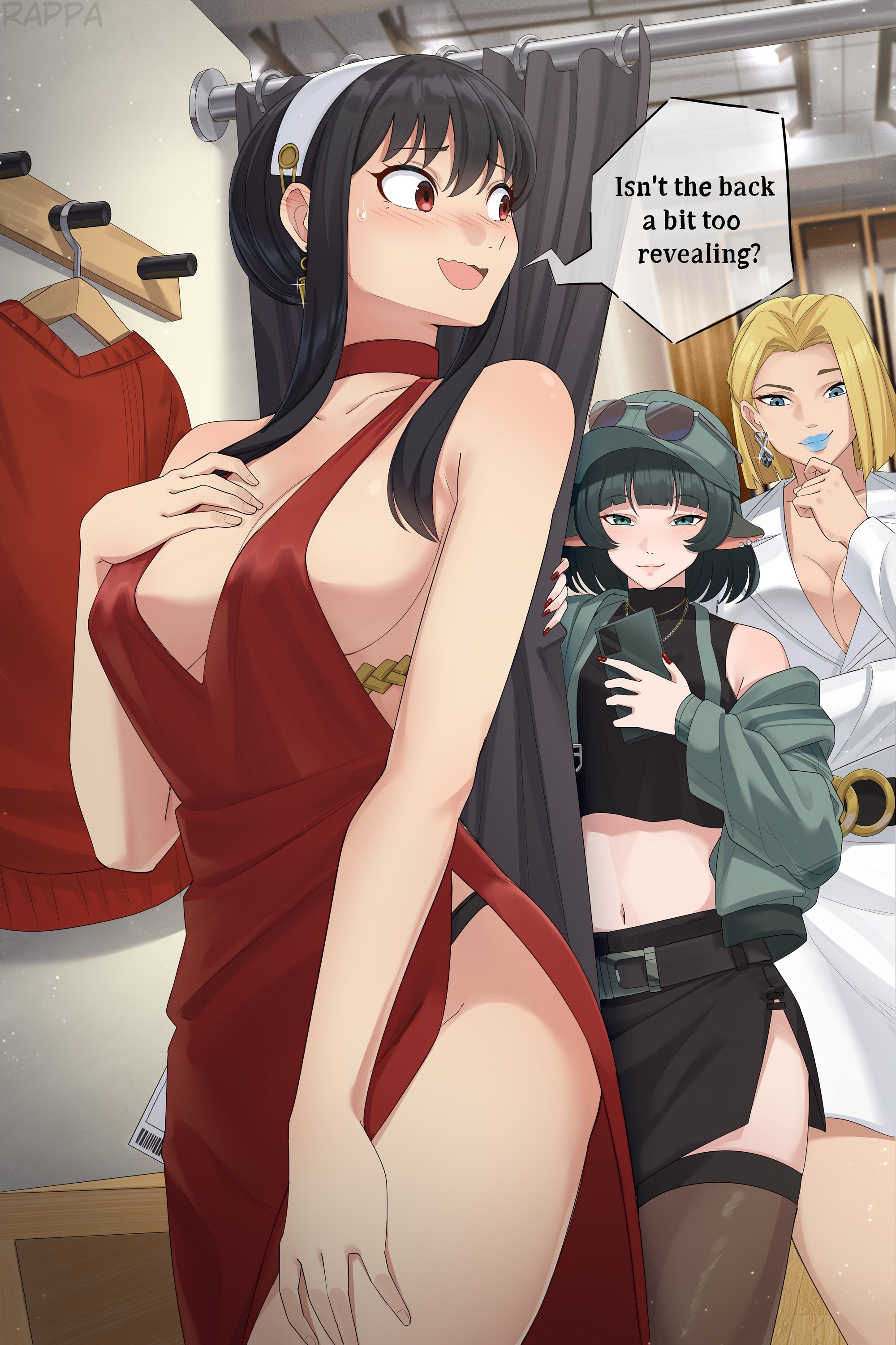 3girls, absurdres, animal ears, artist request, black hair, black panties, black skirt, black thighhighs, blonde female, blonde hair, blue eyes, blue lips, blue lipstick, bob cut, breasts, changing room, closed mouth, closed mouth smile, clothes hanger, commentary, crop top, crossover, dress, earrings, eastern and western character, emma frost, english commentary, english text, evening gown, eyelashes, eyewear on head, female, female only, green eyes, hair behind ear, hat, highres, holding, holding phone, indoors, jane doe (zenless zone zero), jewelry, large breasts, light skin, light-skinned female, lipstick, long hair, makeup, marvel, marvel comics, medium hair, midriff, mouse ears, mouse girl, multiple females, multiple girls, navel, open mouth, panties, phone, rappa (sirrappa), red dress, red eyes, red sweater, short dress, short hair, sideboob, skirt, smile, smiling, speech bubble, spy x family, sunglasses, sweater, thighhighs, underwear, unworn sweater, white dress, x-men, yor briar, yor forger, zenless zone zero