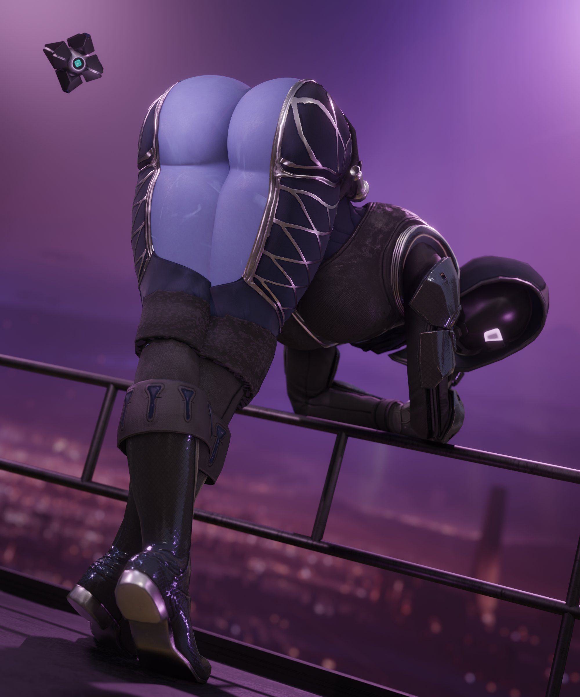 1girls, armor, armored female, ass, ass up, awoken, bending down, bending forward, bending over, bent over, clothed, clothed female, clothing, destiny (game), faceless, faceless character, faceless female, female, female only, ghost (destiny), guardian (destiny), hunter (destiny), leaning forward, looking at viewer, looking back, looking back at viewer, open clothes, open clothing, presenting, presenting ass, presenting hindquarters, purple body, purple skin, solo, solo female, that one spartan