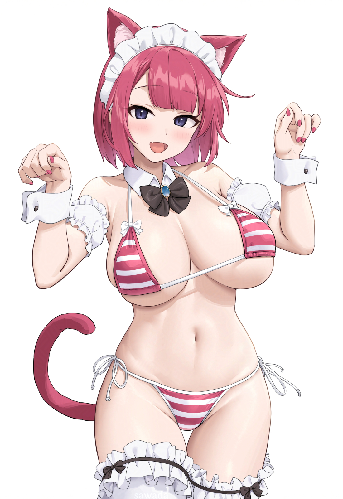 :d, bikini, black bow, black bowtie, blue eyes, bow, bowtie, commentary request, cowboy shot, detached collar, female, frilled thighhighs, frills, hands up, highres, looking at viewer, maid, maid bikini, maid headdress, navel, open mouth, original, pink bikini, pink hair, pink nails, sawada yuusuke, short hair, smile, solo, standing, stomach, striped bikini, striped clothes, swimsuit, thighhighs, thighs, tongue, unconventional maid, white thighhighs, white wrist cuffs, wrist cuffs