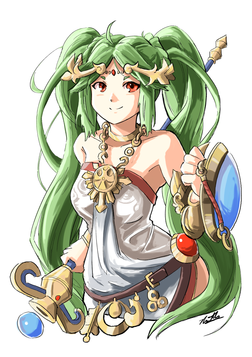 1girls, alternate hairstyle, armpit peek, automatic giraffe, big breasts, breasts, busty, curvy, cute, female, goddess, green hair, kid icarus, kid icarus uprising, large breasts, nintendo, palutena, red eyes, shield, smile, strapless, twintails, weapon