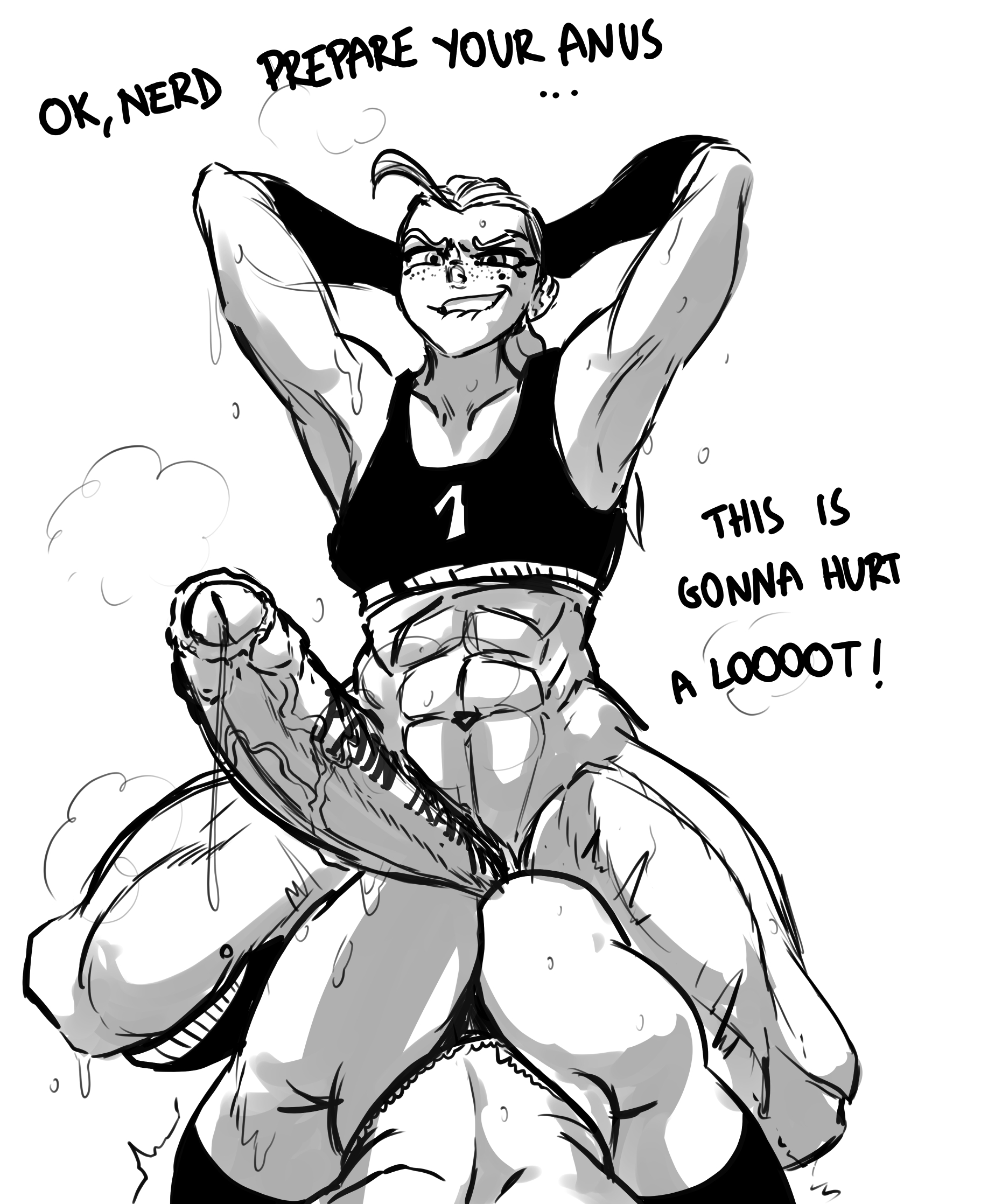 ambiguous gender, dickgirl, foreskin, freckles, futa on top, futanari, huge cock, imminent sex, intersex, intersex/ambiguous, large penis, light skin, light-skinned futa, monochrome, muscular, muscular futa, original character, penis, ripley (sinsigat), ripley schiumeat (sinsigat), sinsigat, sweat, sweaty, tagme, uncircumcised, uncut