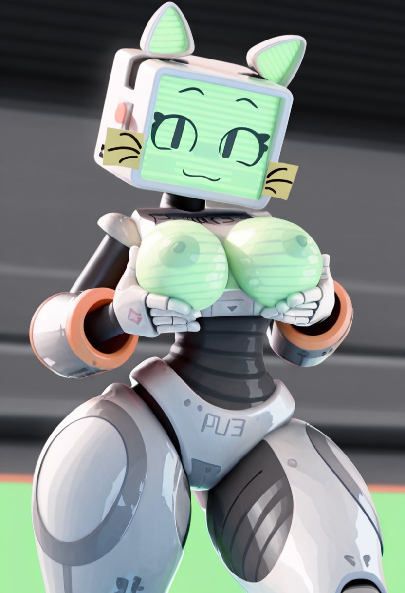 :3, ai generated, big breasts, breasts, cat ears, cat girl, catgirl, female, fuch animations, grabbing breasts, lime nipples, pur 03, red button, robot catgirl, robot girl, robot humanoid, screen face, stiker, white boobs