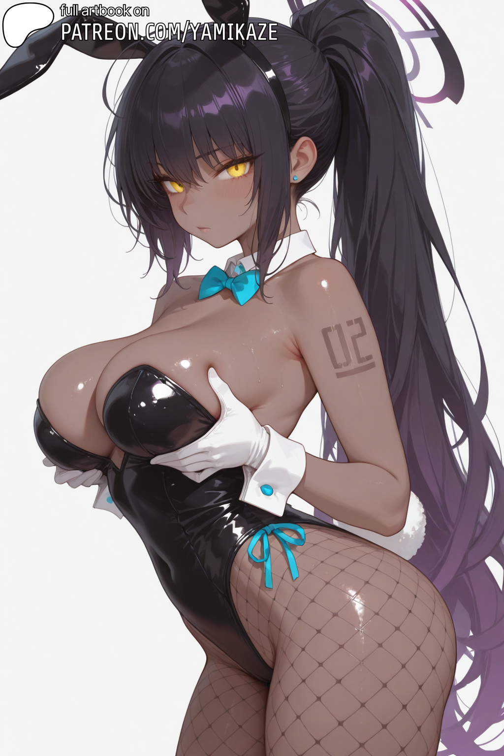 1girls, absurd res, absurdres, accessory, ai generated, anime, anime style, armpits, arms up, bare shoulders, bed, big breasts, blue archive, blush, breast grab, breasts, breasts apart, breasts out, bunny, bunny costume, bunny ears, bunny girl, bunny tail, bunnysuit, chest, cleaning & clearing (blue archive), cleavage, closed mouth, clothed, collarbone, curvy, curvy figure, cute, cute face, dark skin, dark-skinned female, exposed breasts, female, female focus, female only, fishnets, fit, fit female, glossy, glossy body, glossy skin, glowing eyes, gradient hair, halo, high quality, high resolution, highres, karin (blue archive), lips, looking at viewer, lying, medium breasts, messy hair, millennium science school student, parted lips, perfect body, playboy bunny, purple hair, ribbon, shiny skin, shy, simple background, slim, slim female, slim waist, smile, smiling, smiling at viewer, solo, solo female, solo focus, standing, stomach, thick thighs, thighs, uncensored, wet, wet body, wet skin, white background, white hair, white pantyhose, yami kaze