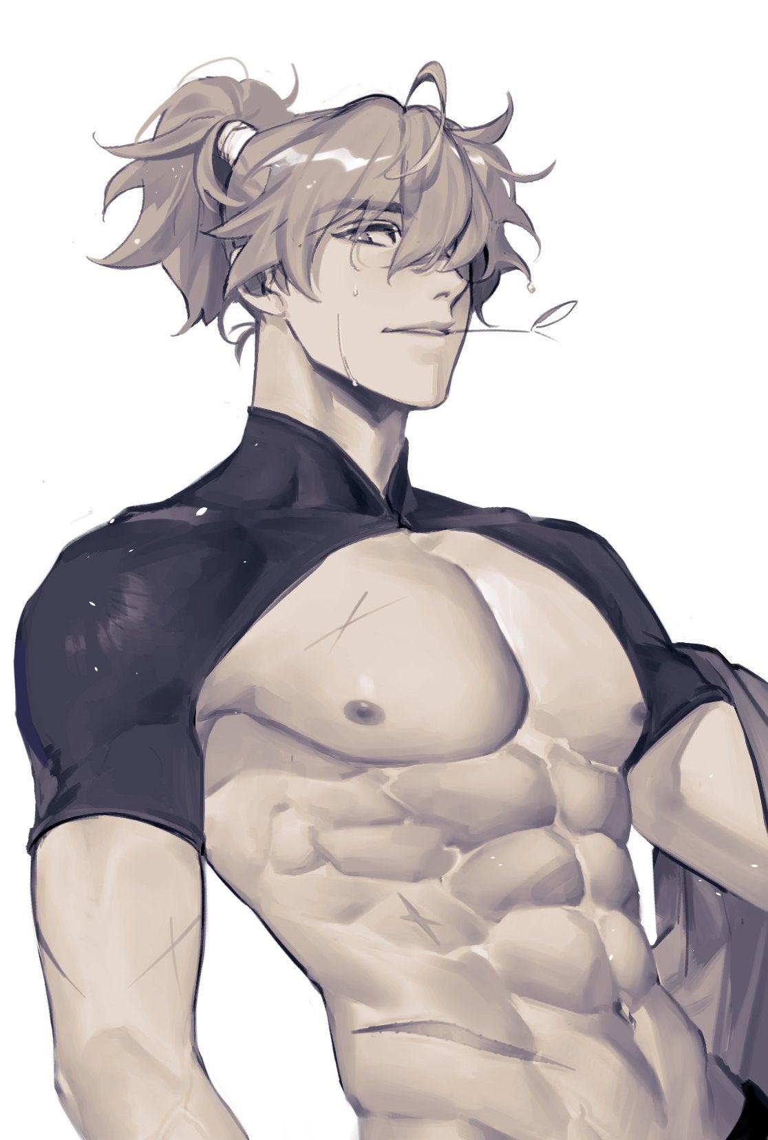 1boy, abs, artist request, genshin impact, high ponytail, looking at viewer, male, male only, navel, nipples, pecs, scar, solo male, tied hair, tomo (genshin impact), tomo why did u die just so someone will draw you this hot?, toned, toned male
