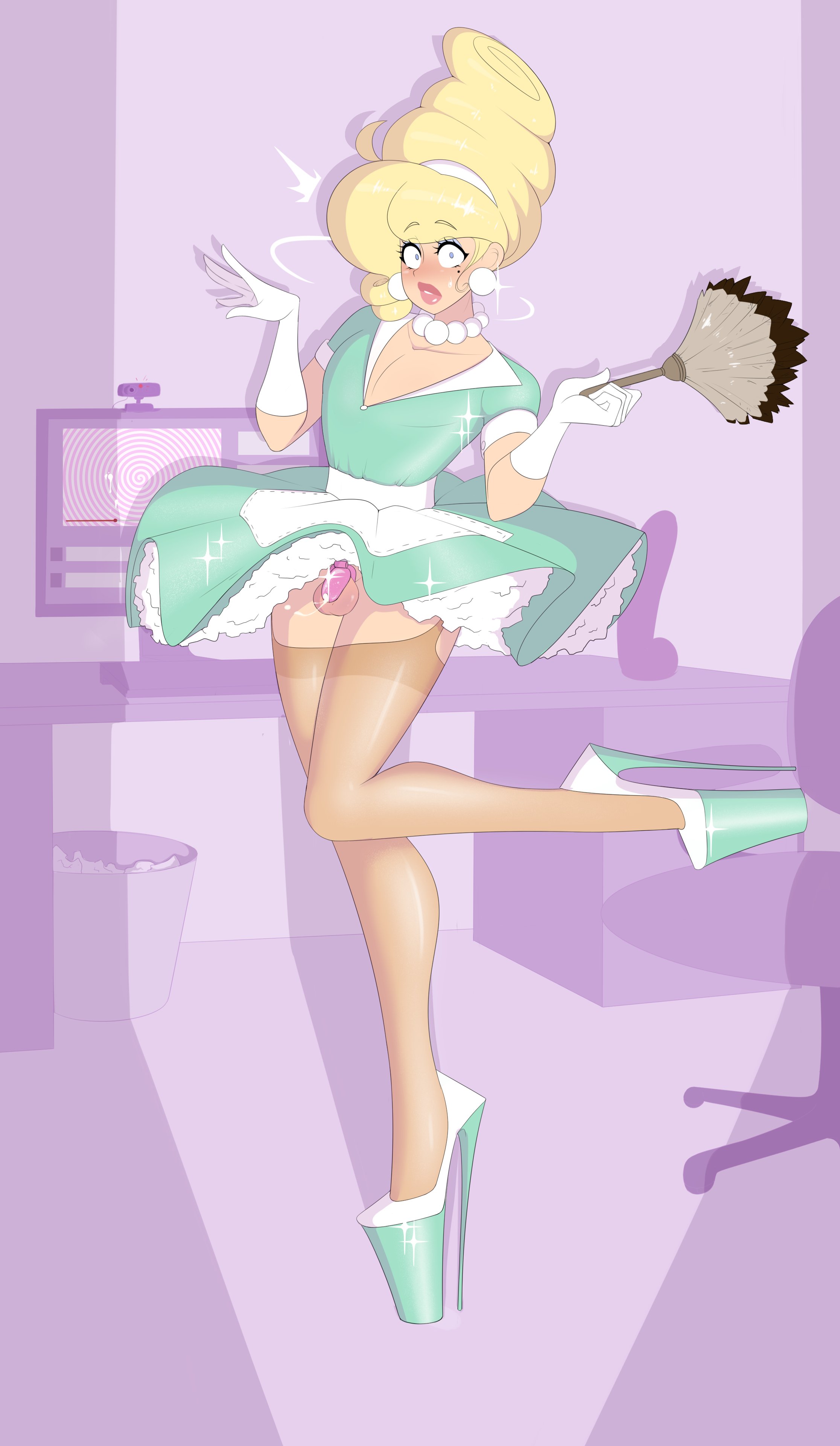 1boy, balls, beehive hairdo, big lips, bimbo lips, blonde hair, blush, caught, caught in the act, chastity, chastity cage, chastity device, crossdressing, cum in chastity, feather duster, femboy, feminization, garter belt, girly, green dress, hi res, high heels, highres, househusband, housewife, hypnosis, male, male wife, mole under eye, pearl earrings, pearl necklace, penis, platform heels, sealguy, sissification, sissy, small balls, small penis, sparkle, stepford wife, stiletto heels, stockings, tan stockings, thick lips, very high heels