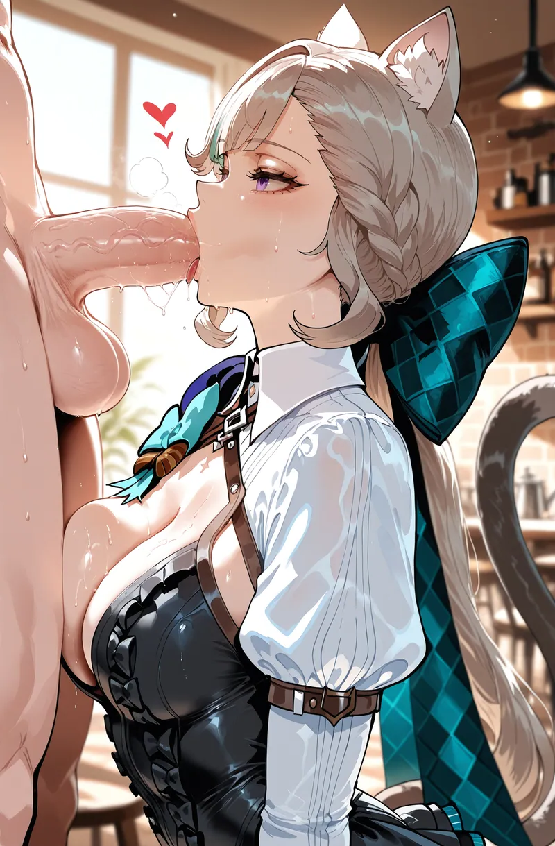 ai_generated blowjob busty catgirl cock_hungry curvy curvy_figure deepthroat fellatio genshin_impact hoyoverse huge_ass huge_breasts lynette_(genshin_impact) mouthful