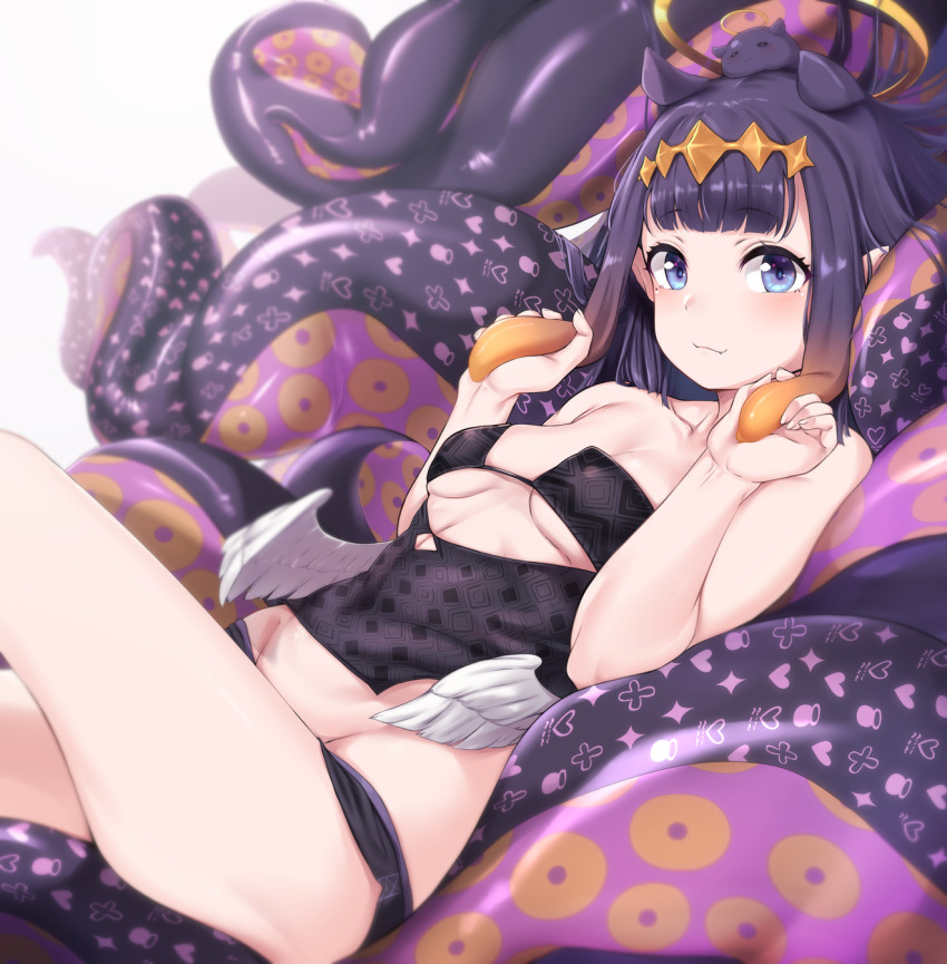 1girls, angel wings, bangs, bare arms, bare shoulders, black dress, blue eyes, blunt bangs, blush, breasts, closed mouth, collarbone, diadem, dress, eyebrows visible through hair, fan mascot (vtuber), female, female focus, female only, flat chested, gradient hair, halo, headpiece, heart, highres, holding hair, hololive, hololive english, hololive myth, light skin, light-skinned female, long hair, looking at viewer, lying, moisture (chichi), mole, mole under eye, multicolored hair, navel, ninomae ina'nis, on back, orange hair, pale skin, pale-skinned female, pointy ears, purple hair, shorts, shorts down, sidelocks, small breasts, smile, strapless, tako (ninomae ina'nis), tentacle, tentacle hair, tiara, touching hair, virtual youtuber, white background, wings