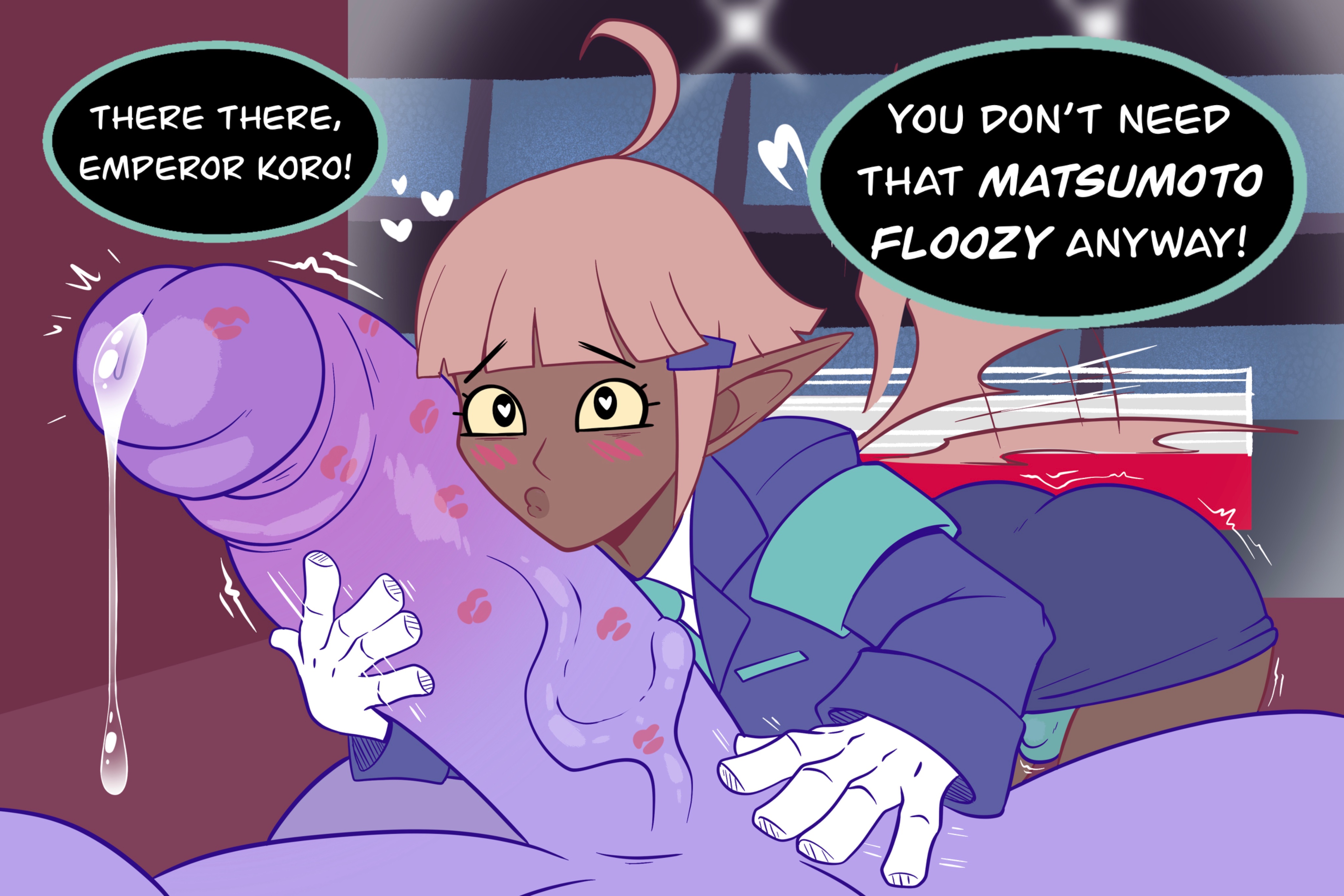 blen bodega, dark skin, dark-skinned femboy, dark-skinned male, emperor koro, femboy, huge cock, jin (punch punch forever!), lipstick, lipstick mark, lipstick on penis, male, monster femboy, monster on femboy, oral, penis, yaoi