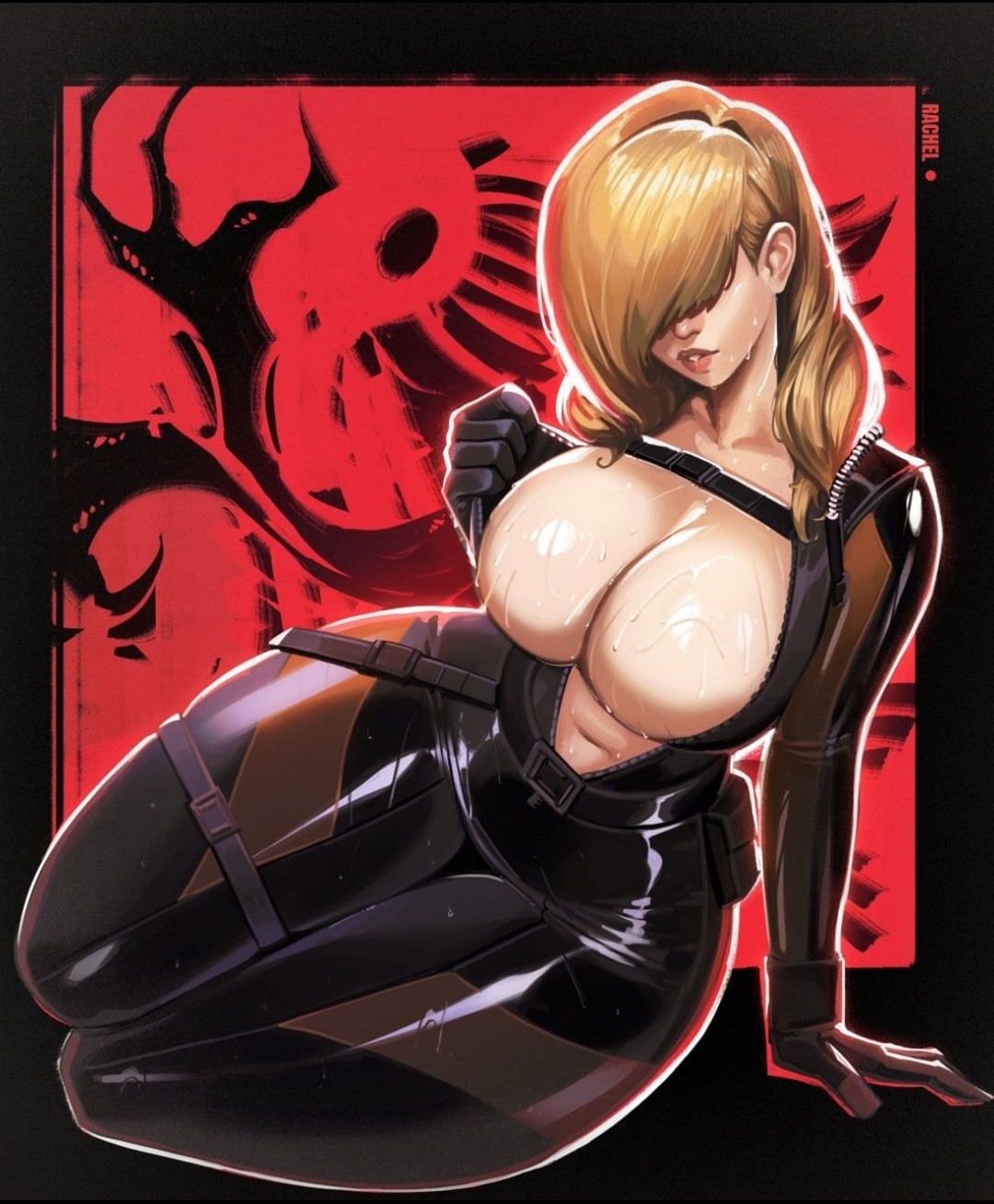 1girls, 2026, blonde hair, bodysuit, breasts, commission, commission art, female, female only, franzilla, human, hyperbithero, leather clothing, open bodysuit, open clothes, rachel foley, resident evil, skin tight, solo, solo female, sweat, sweaty breasts, tight clothes, tight clothing, unzipped, unzipped bodysuit