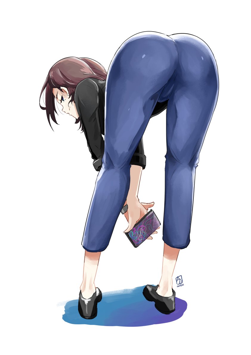 1girls, ass, automatic giraffe, bent over, blue eyes, brown hair, cellphone, female, female only, freckles, fully clothed, looking back, phone, samsung, samsung sam, smirk, solo, solo female, solo focus, teasing, teasing viewer