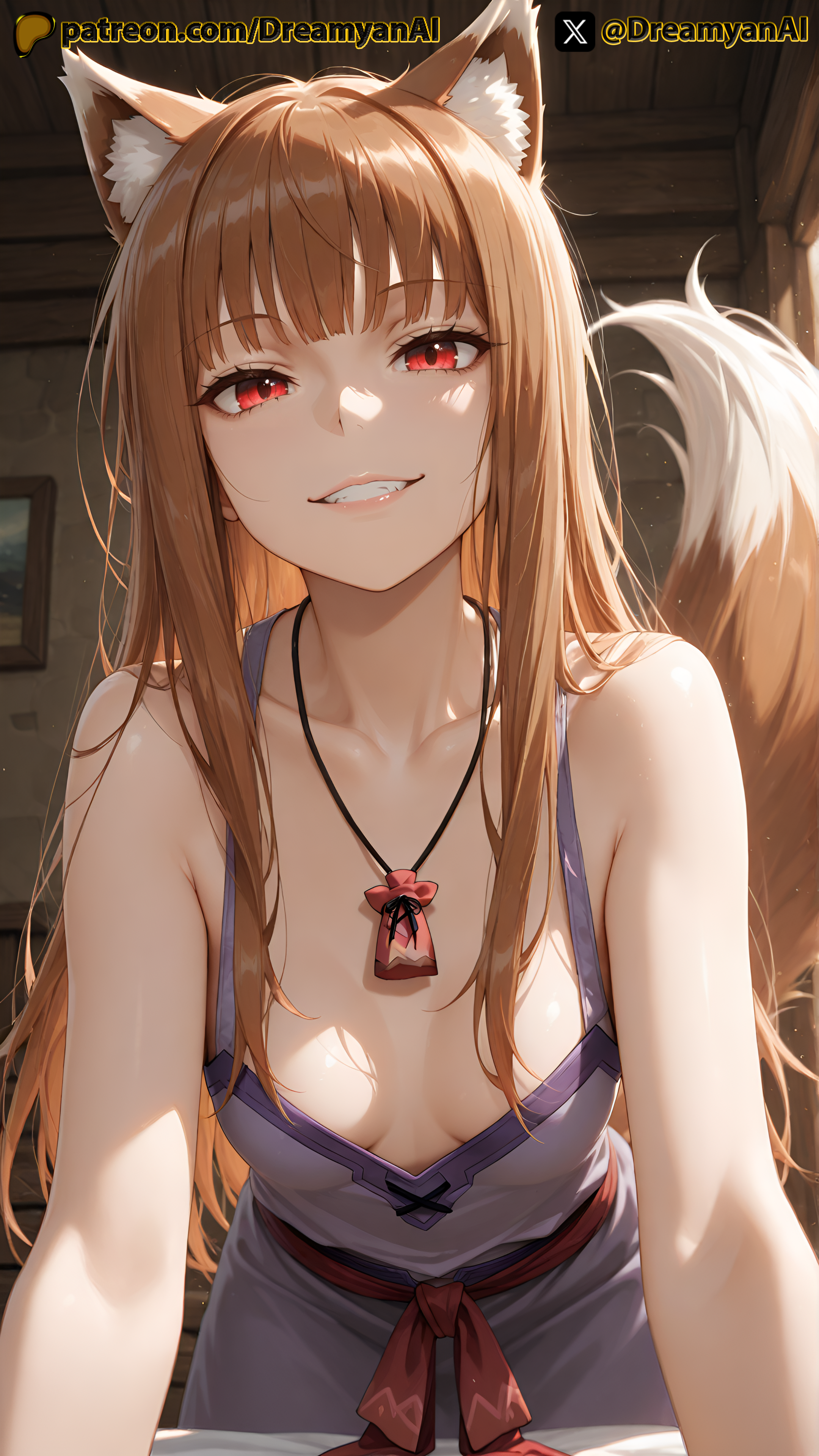 1girls, 2025, 4k, ai, ai assisted, ai generated, animal ears, animal tail, anime, anime style, artist name, ass, breasts, brown hair, dreamyan ai, female, hi res, high quality, high resolution, highres, holo, holo (spice and wolf), long hair, long tail, patreon, red eyes, small breasts, smile, smiling, smiling at viewer, spice and wolf, tail, thick ass, thick thighs, thighs, uncensored, white body, white skin, wolf ears, wolf girl, wolf tail