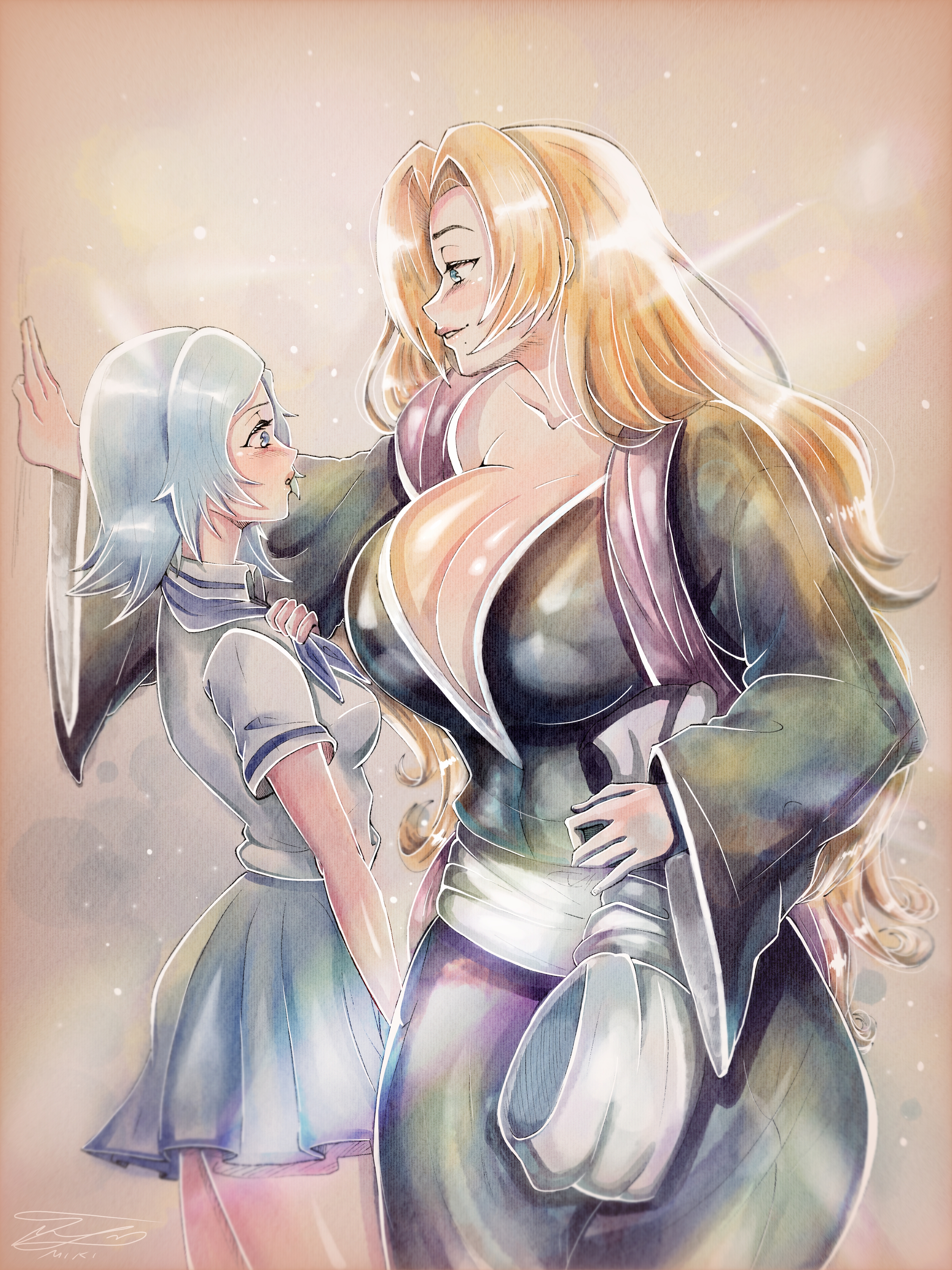 2girls, age difference, black robe, bleach, bleach: the thousand-year blood war, blue hair, blush, breasts, cleavage, confrontation, crossover, female, femdom, fully clothed, hells, hells angels, large breasts, looking pleasured, matsumoto rangiku, mikiuvvu, orange hair, rinne, rinne amagane, school uniform, seductive, seductive look, size difference, wholesome, yuri