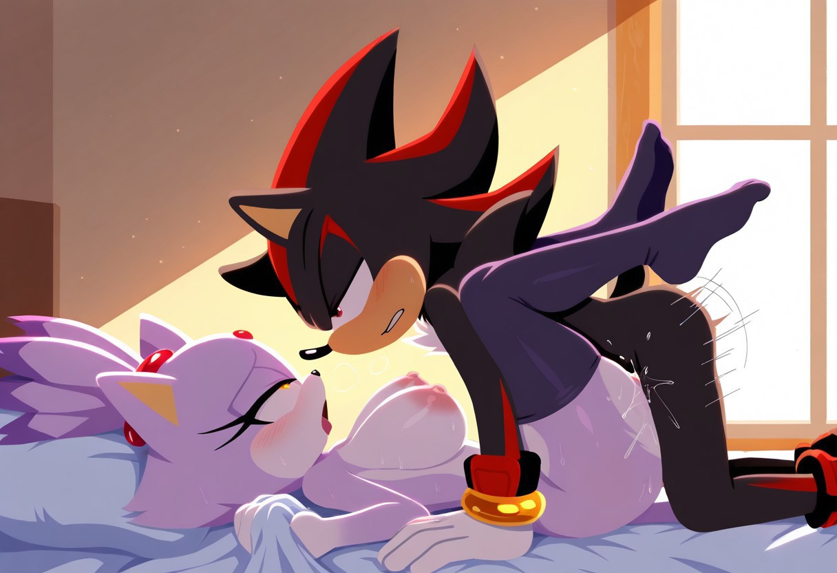 1boy, 1girls, ai generated, animal ears, anthro, ass, big ass, big breasts, black body, black fur, blaze the cat, breasts, dog husky ai, female, legs up, male, moaning, naked, nipples, penis, purple body, purple fur, pussy, red eyes, rolling eyes, sex, shadow the hedgehog, sonic (series), sonic the hedgehog (series), tail, thighhighs, two-tone fur, vaginal penetration, vaginal sex, voluptuous female, yellow eyes
