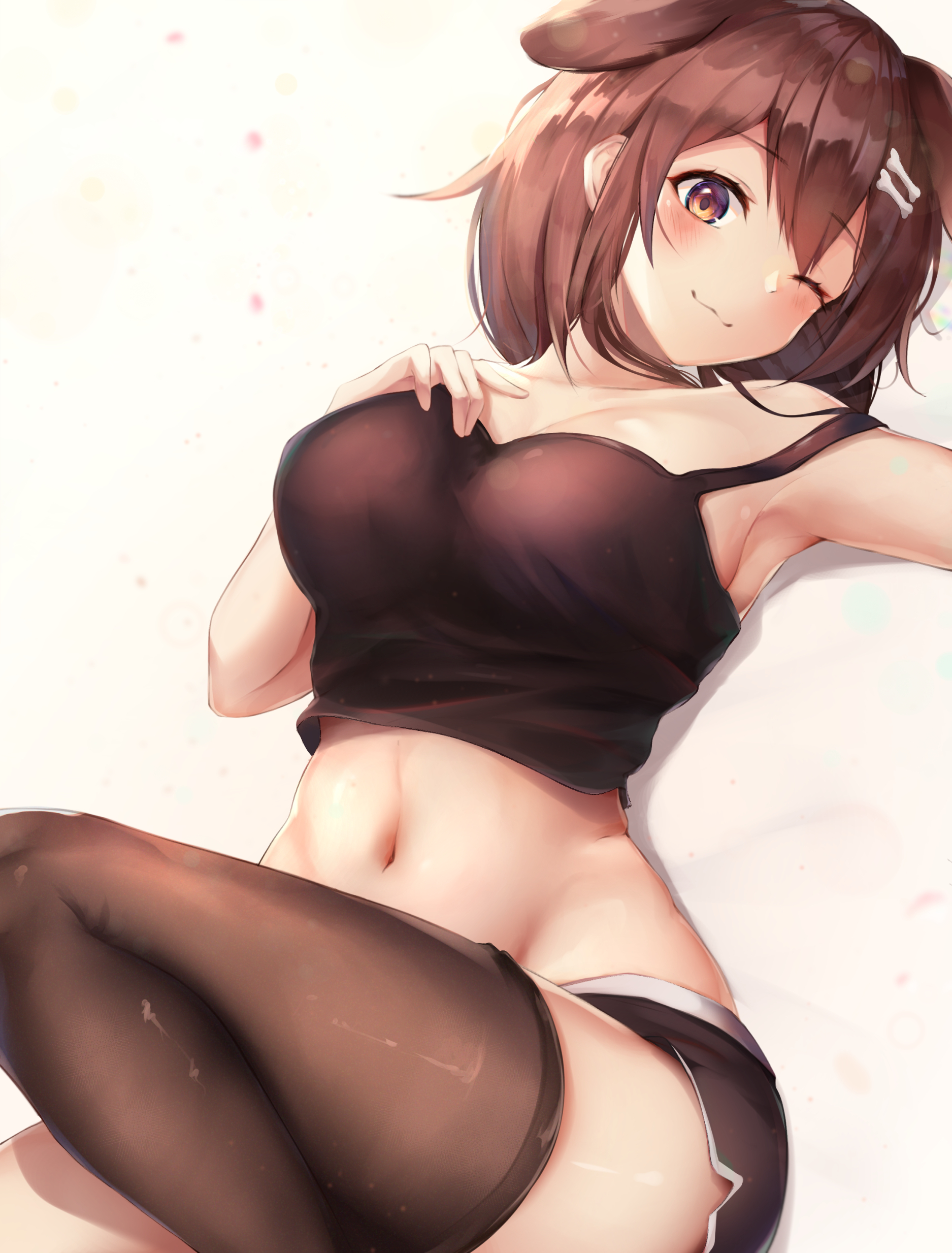 big breasts, breasts, brown hair, dog ears, dog girl, female, hazel eyes, hololive, hololive gamers, hololive japan, inugami korone, kemonomimi, large breasts, laying down, loose clothes, navel, short hair, tank top, thighhighs, virtual youtuber, wide hips, winking, winking at viewer