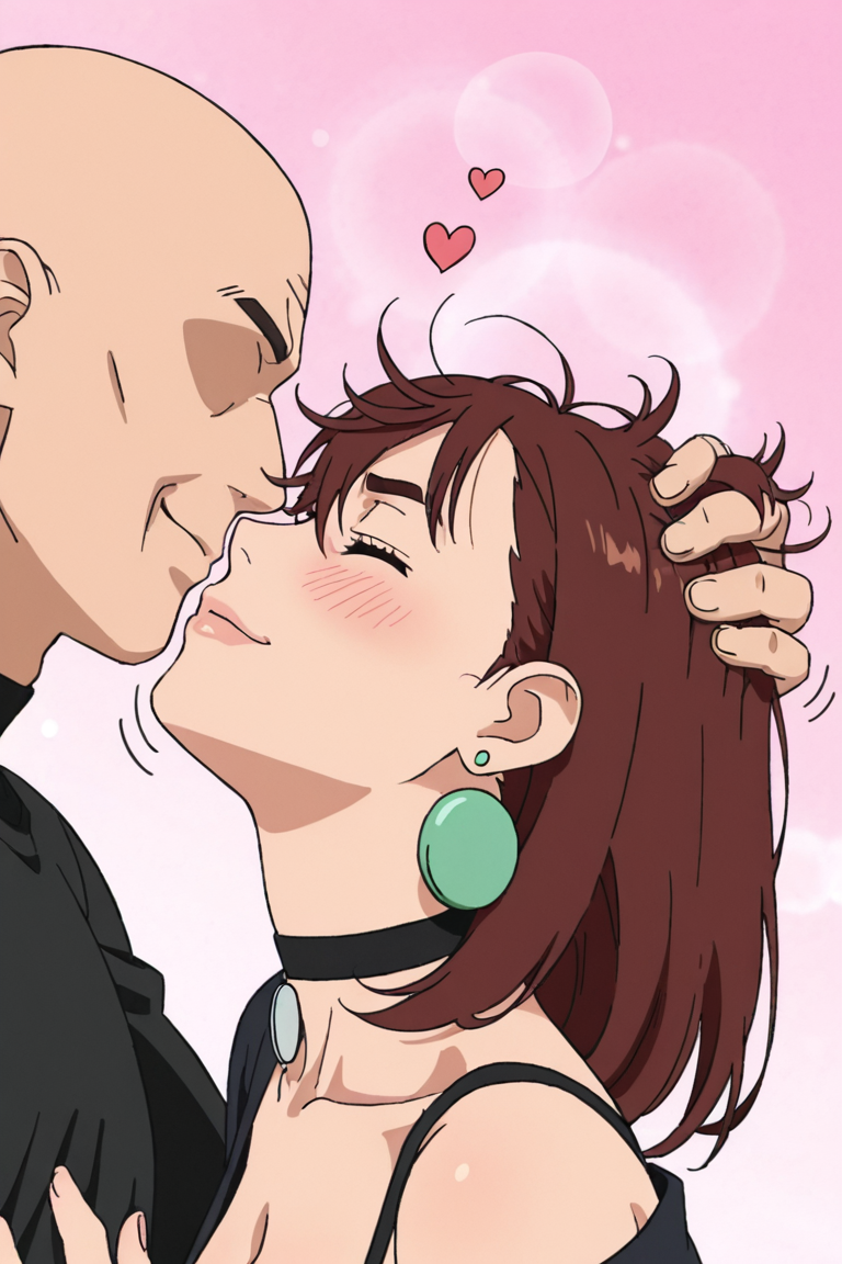 1girls age_difference ai ai_generated ayase_momo bald_male big_breasts black_shirt bra_strap brown_hair busty cheating cheating_female cheating_girlfriend cleavage cute dandadan earrings envia flirting hair_grab head_grab loose_clothes messy_hair momo_ayase muscular_male netorare ntr off_shoulder older_male plain_background younger_female