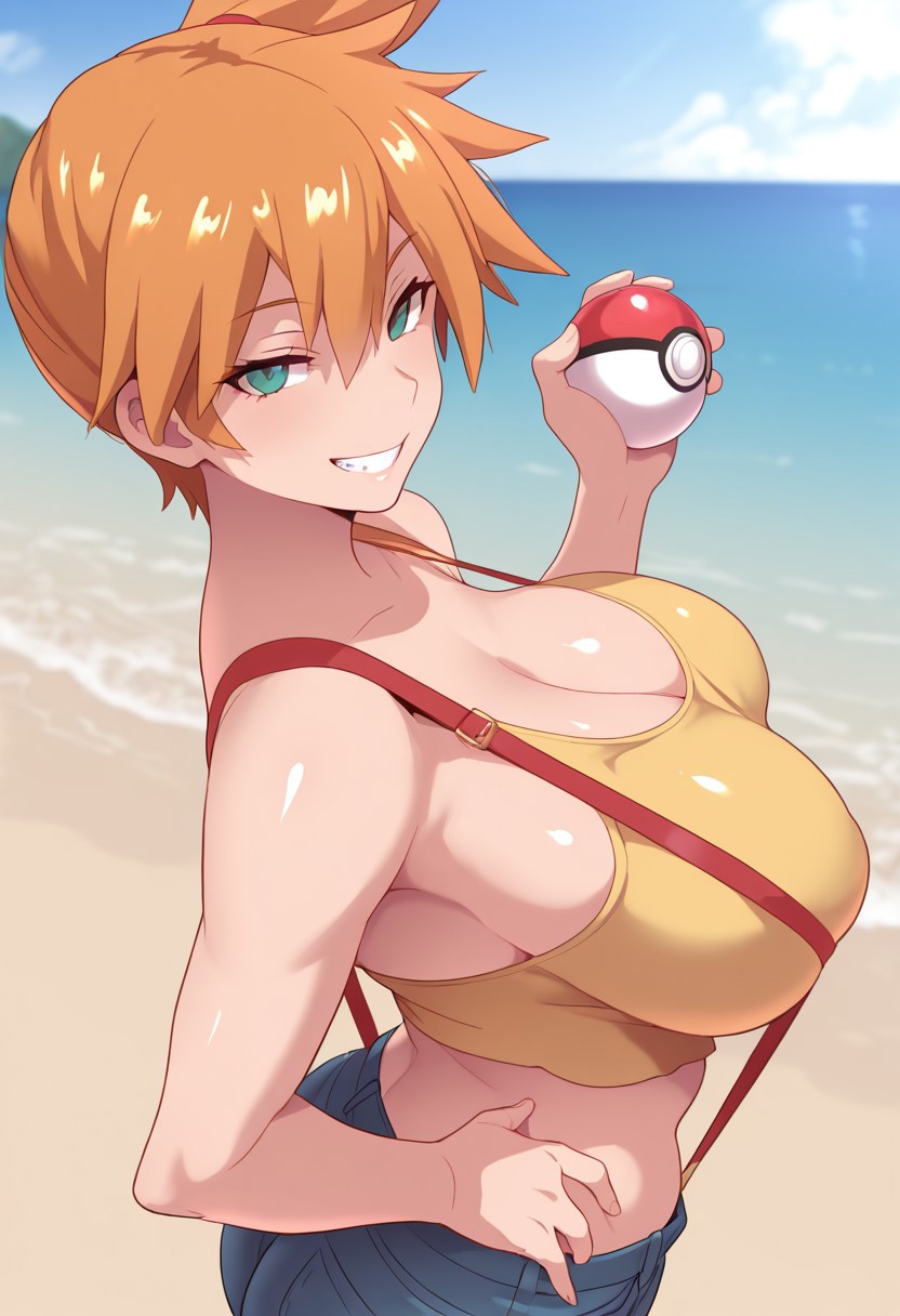 ai generated, alternative bust size, ass, asymmetrical hair, bangs, bare shoulders, beach, blue sky, blush, breasts, clavicle, cleavage, clothing, crop top, day, denim, denim shorts, female, female only, gen 1 pokemon, green eyes, grin, gym leader, hair between eyes, hair tie, hand on hip, hand on own hip, holding, holding object, holding poke ball, huge breasts, kasumi (pokemon), large breasts, looking at viewer, midriff, navel, ocean, orange hair, outdoors, poke ball, poke ball (basic), pokemon, pokemon character, pokemon rgby, pokemon species, ponytail, shiny skin, shirt, short hair, short shorts, shorts, side ponytail, sky, smile, solo, standing, suspenders, swimsuit, tank top, teeth, thick thighs, thighs, tied hair, wide hips