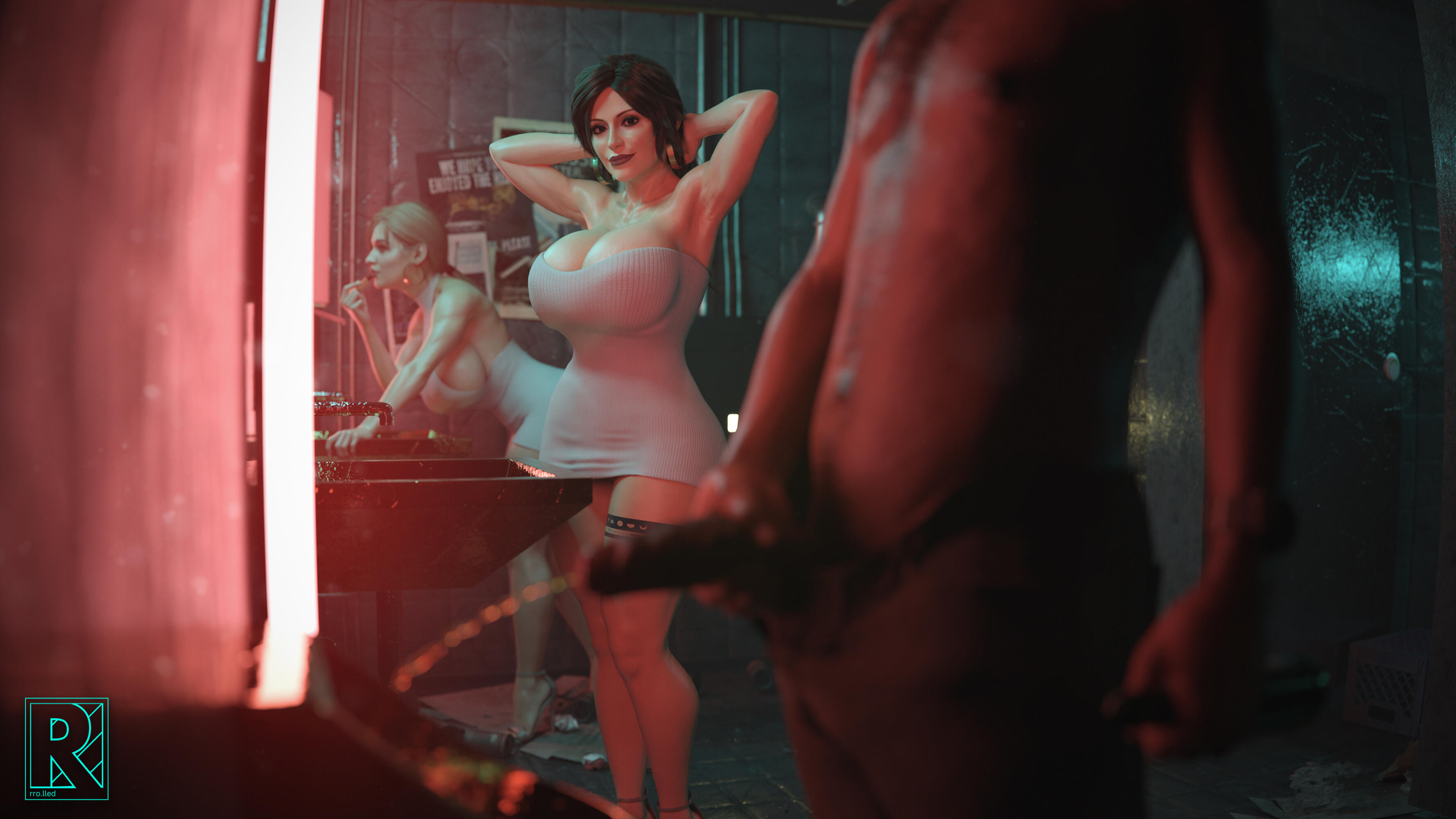 1boy, 2girls, 3d, adjusting hair, alternate body type, alternate breast size, applying lipstick, bathroom, big breasts, biohazard, breasts, capcom, cleavage, clothed, clothed female, completely nude, covered nipples, crossover, dark skin, dark-skinned male, eastern and western character, erect penis, erection, exposed penis, female, high heels, huge breasts, image set, jill valentine, jill valentine (blonde), jill valentine (sasha zotova), lara croft, lara croft (survivor), light skin, light-skinned female, looking at genitalia, male, male peeing, male/female, navel, nipples, nude, nude male, onlookers, pale skin, pale-skinned female, peeing, peeing in urinal, penis, resident evil, resident evil 3, resident evil 3 remake, rro.lled, skimpy, skimpy clothes, smile, smiling, tagme, thigh tattoo, tomb raider, tomb raider (survivor), trio, urinal, urination, urine, urine stream, voluptuous, voluptuous female, watching