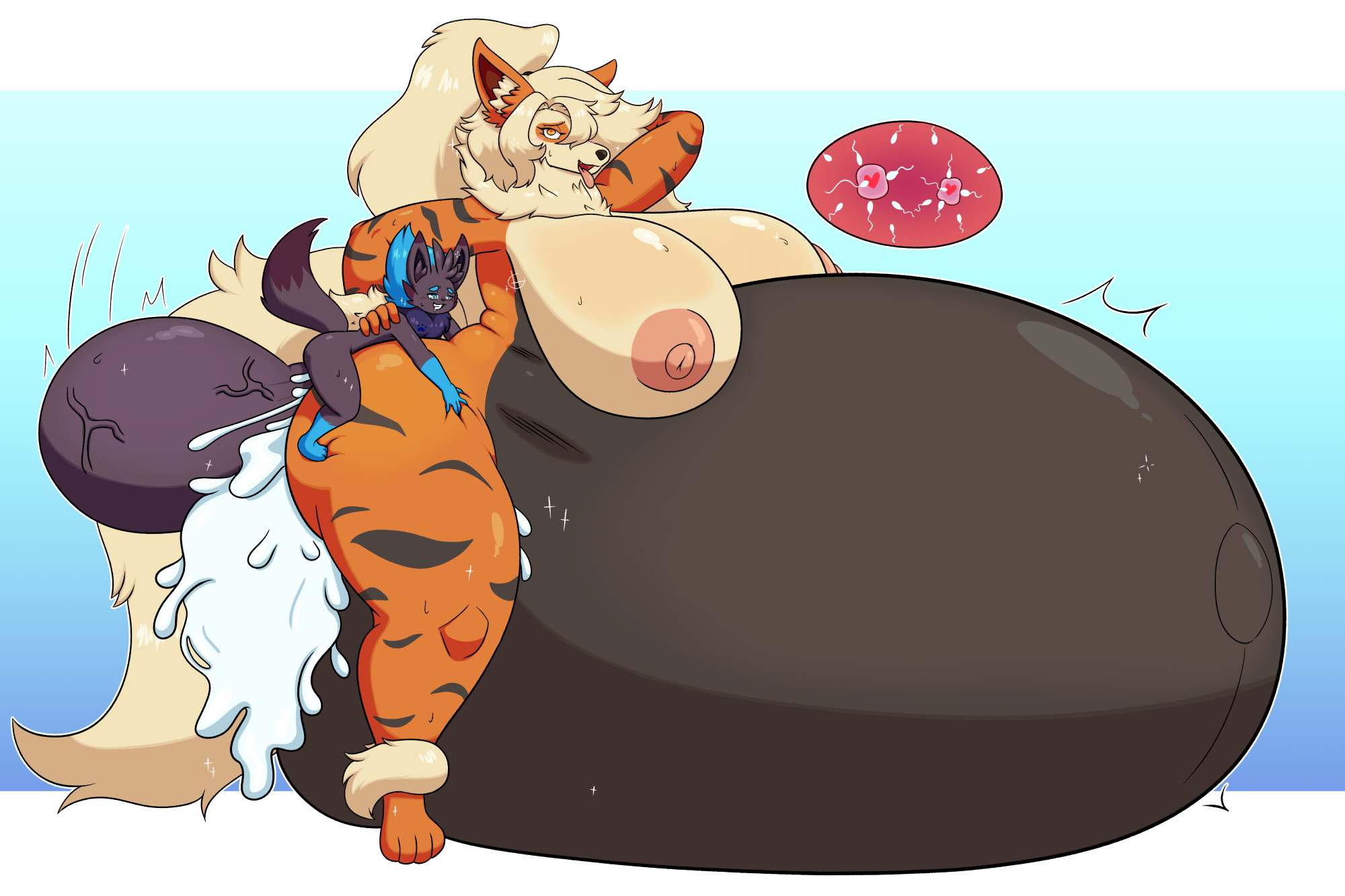 anthro, arcanine, balls, big balls, big breasts, big penis, breasts, canid, canine, cleavage, cum, ejaculation, excessive cum, female, furry, huge balls, huge breasts, huge cock, hyper balls, hyper penis, impregnation, inflation, male, male/female, nintendo, nipples, nude, penis, pokemon, pokemon (species), sex, shinyillusionz, small but hung, thick thighs, wide hips, zeke the zorua, zorua