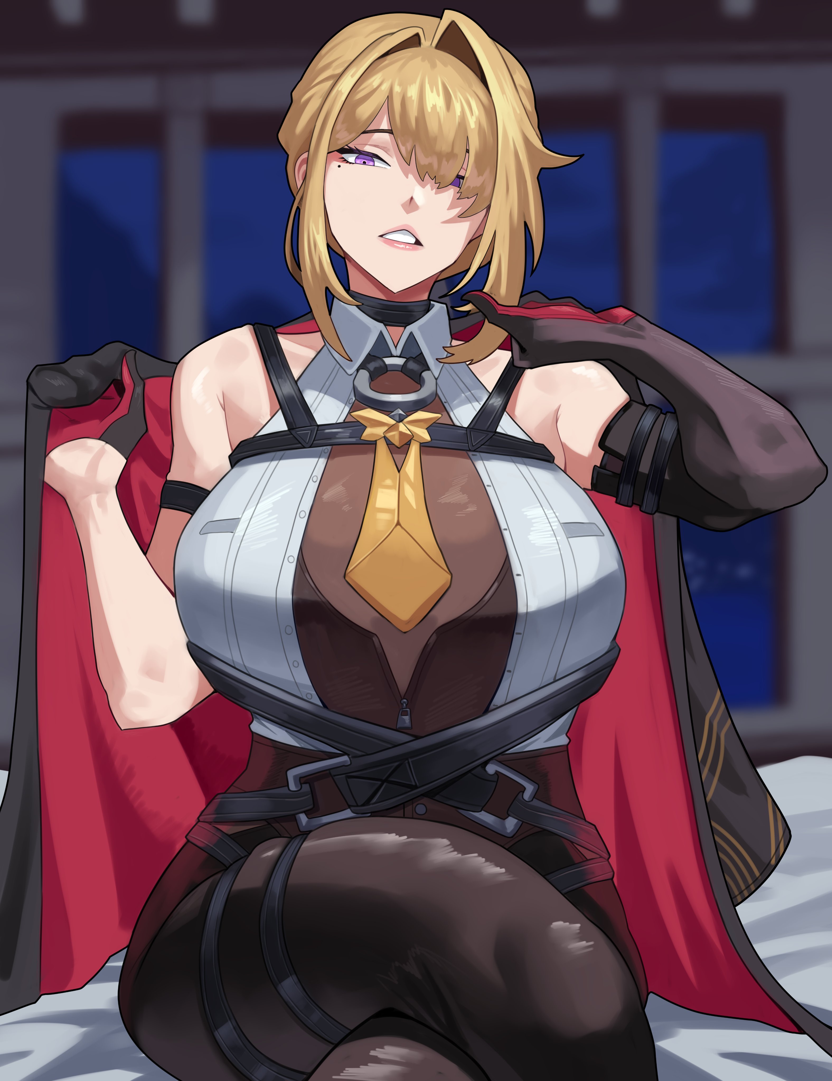 1girls, absurdres, arapanchi, arm strap, armpit crease, asymmetrical gloves, bare shoulders, black choker, black gloves, black jacket, black pants, blonde hair, breasts, chest harness, choker, collared shirt, crossed legs, elbow gloves, evelyn chevalier, female, female only, gloves, hair intakes, hair over one eye, half gloves, halter shirt, halterneck, hand up, harness, high-waist pants, highres, holding, holding jacket, holding unworn clothes, jacket, large breasts, latex pants, looking at viewer, medium hair, mismatched gloves, mole, mole under eye, multicolored jacket, necktie, o-ring, pants, parted lips, purple eyes, red gloves, red jacket, shirt, single elbow glove, single half glove, sleeveless, sleeveless shirt, solo, swept bangs, tight clothes, tight pants, two-tone gloves, two-tone jacket, unworn jacket, white shirt, wing collar, yellow necktie, zenless zone zero