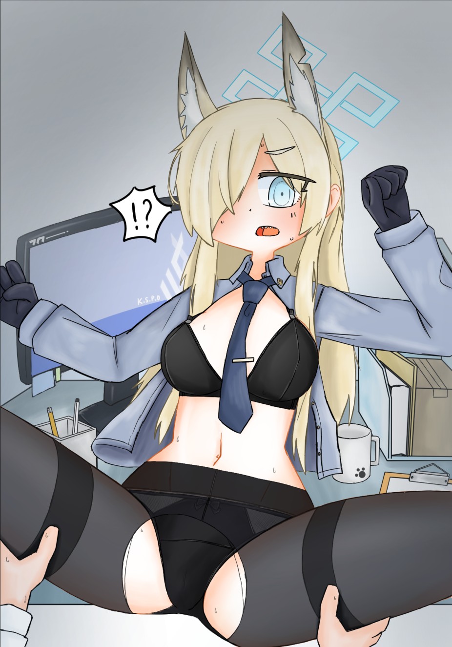 !? animal_ears black_bra black_panties black_underwear blonde_hair blue_archive blue_eyes bow_panties cardboard_box clipboard coffee_mug computer computer_monitor hair_over_one_eye halo k-chronos kanna_(blue_archive) long_hair necktie necktie_between_breasts on_table open_clothes open_mouth open_shirt pencil public_peace_bureau_(blue_archive) sweat thigh_grab thighband_pantyhose torn_clothes torn_pantyhose valkyrie_police_school_student