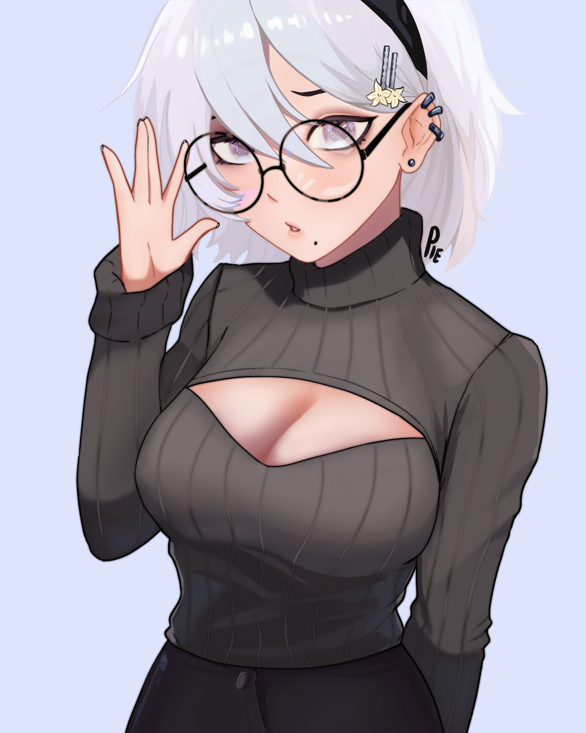 black hairband, black turtleneck sweater, breasts, female, female focus, female only, glasses, hairband, hairclip, looking at viewer, mole under mouth, nier, nier: automata, pietheunusual, round glasses, short hair, solo female, sweater, turtleneck sweater, white hair, yorha 2b