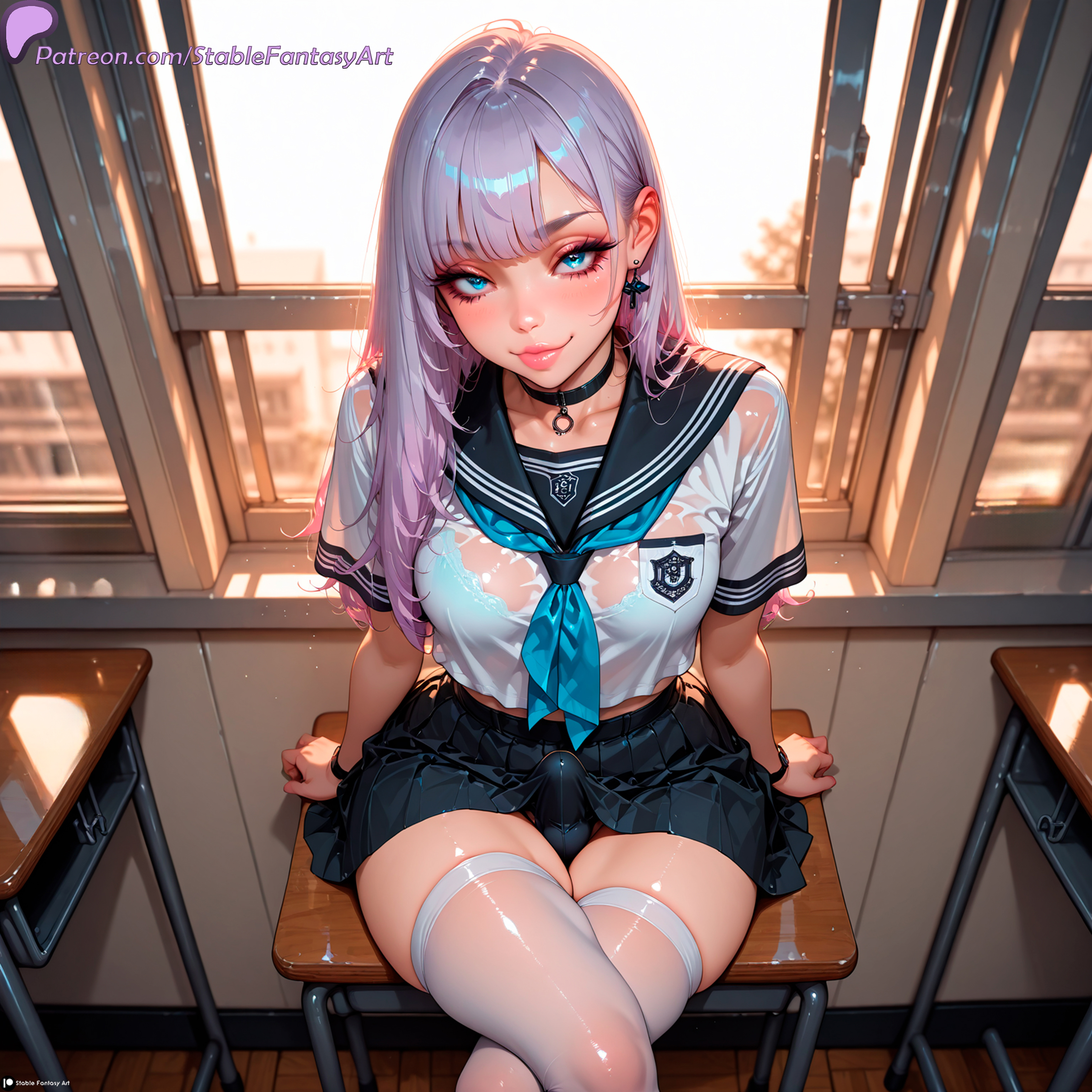 1boy, 1femboy, ai generated, bangs, big penis, blue eyes, blush, breasts, bulge, cock, dick, erection, eyelashes, eyeliner, femboy, feminine, futanari, high school, high school student, hips, ilya (stblfantasy), intersex, lavander hair, legs, light skin, long hair, makeup, male, nipples, original, patreon, patreon ad, patreon logo, patreon url, patreon username, penis, petite, petite body, petite male, pink lipstick, sexually suggestive, shy, skinny, small, small breasts, stable diffusion, stblfantasy, student, submissive, submissive femboy, sweat, sweatdrop, sweating, tagme, text