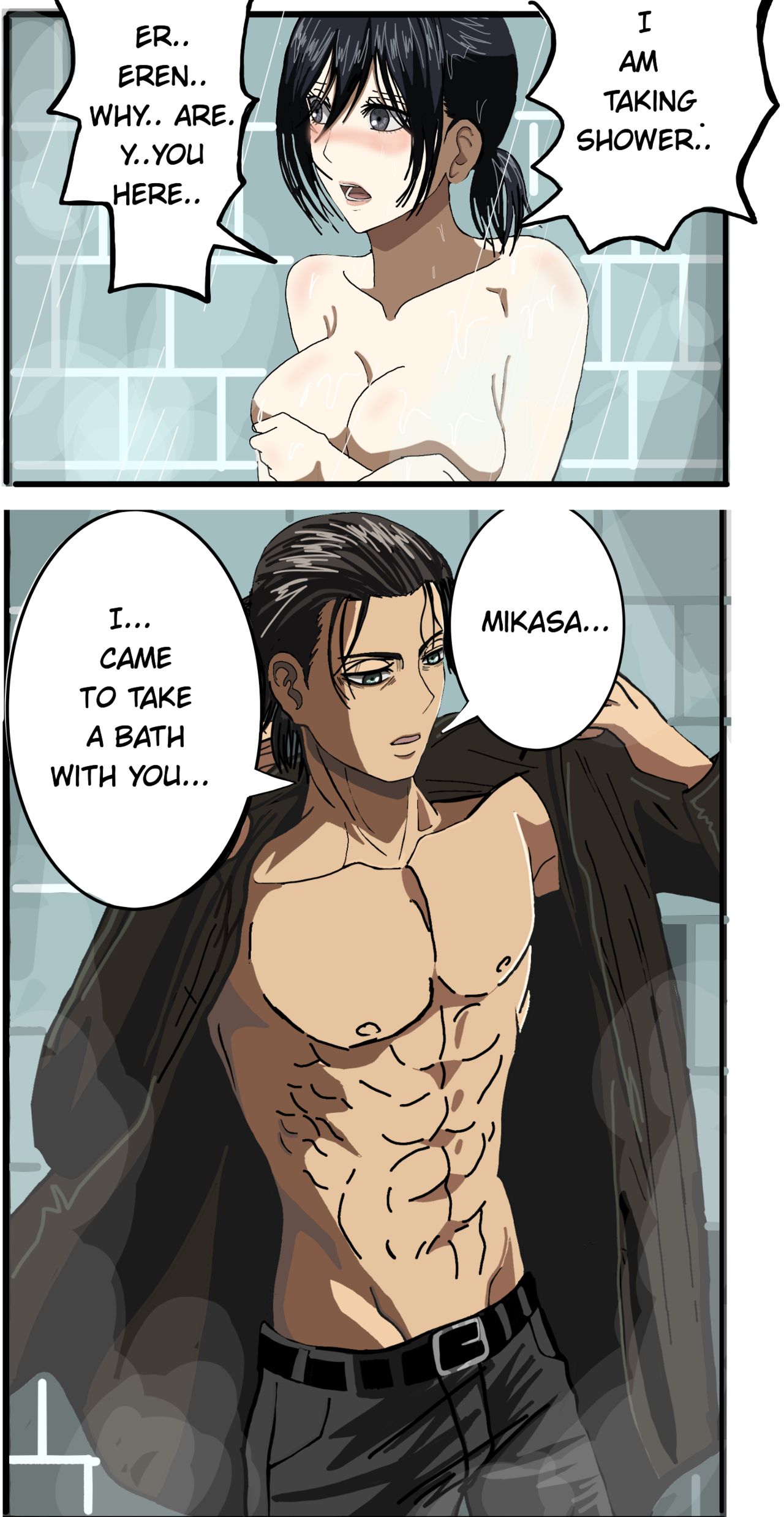 1boy, 1girls, attack on titan, comic, eren jaeger, female, male, male/female, mikasa ackerman, shingeki no kyojin, shower, speech bubble, straight, text