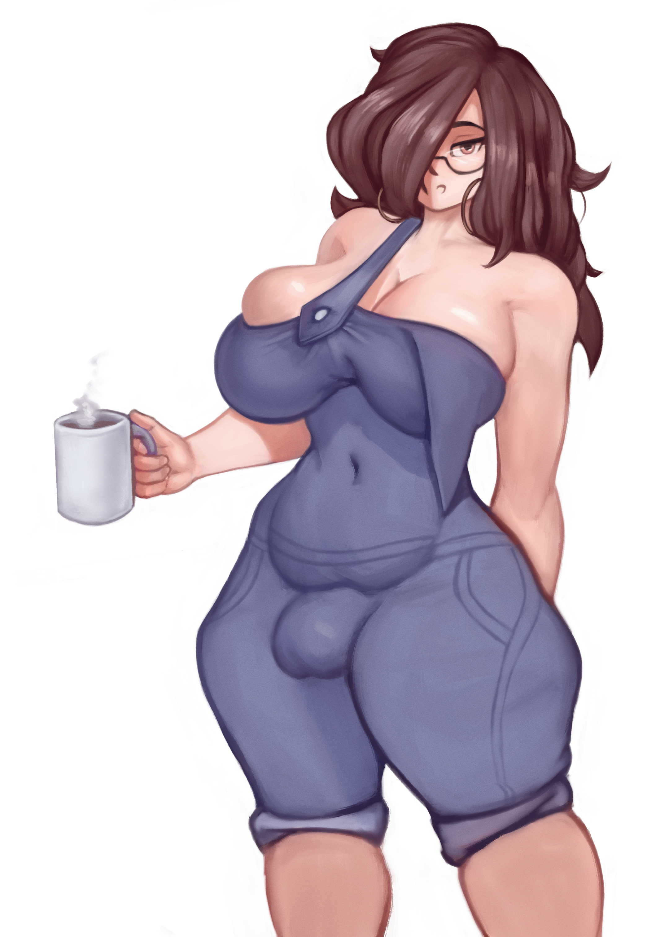 1futa, akeowi, bare shoulders, big breasts, breast overflow, breasts, brown hair, bulge, clothed, clothing, cock bulge, cup, female, flaccid, fully clothed, futa only, futanari, glasses, hair over one eye, human, intersex, large breasts, light skin, light-skinned futa, long hair, looking at viewer, mug, naked overalls, navel, no bra, original character, overalls, overflowing breasts, pale skin, penis, penis bulge, slightly chubby, slightly chubby female, solo, solo futa, standing, thick thighs, tight clothing, white background, wide hips
