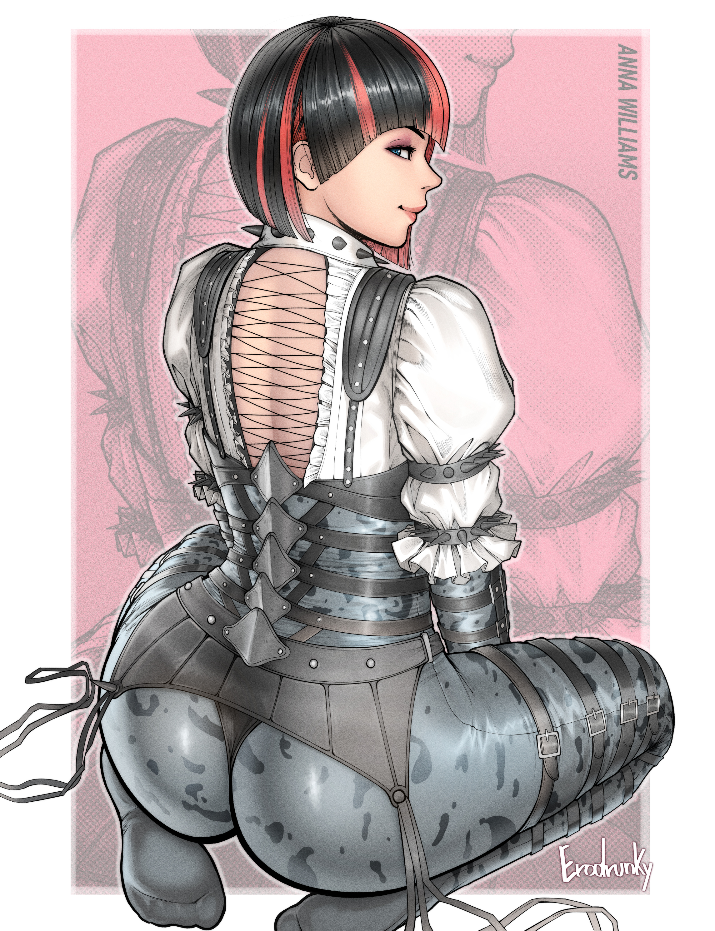 1girls, anna williams, ass, ass focus, back, back view, big ass, erodrunky, feet, female, female only, kneeling, looking back, smile, soles, stockings, tekken, tekken 8, thick thighs, tight clothing