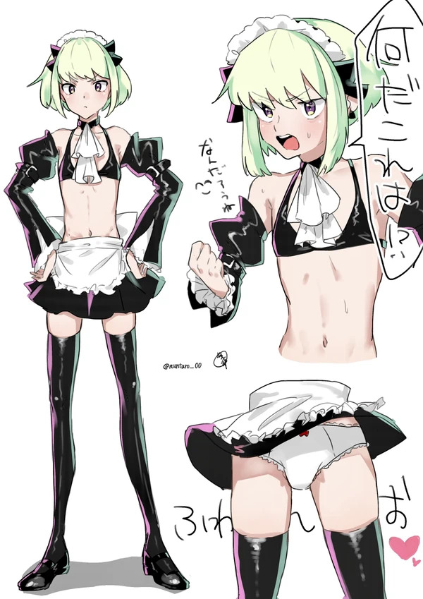 1boy, androgynous, crossover, femboy, lio fotia, maid, maid headdress, maid uniform, male, nuntaro 00, promare, skinny waist, skirt lift, slim waist, twink