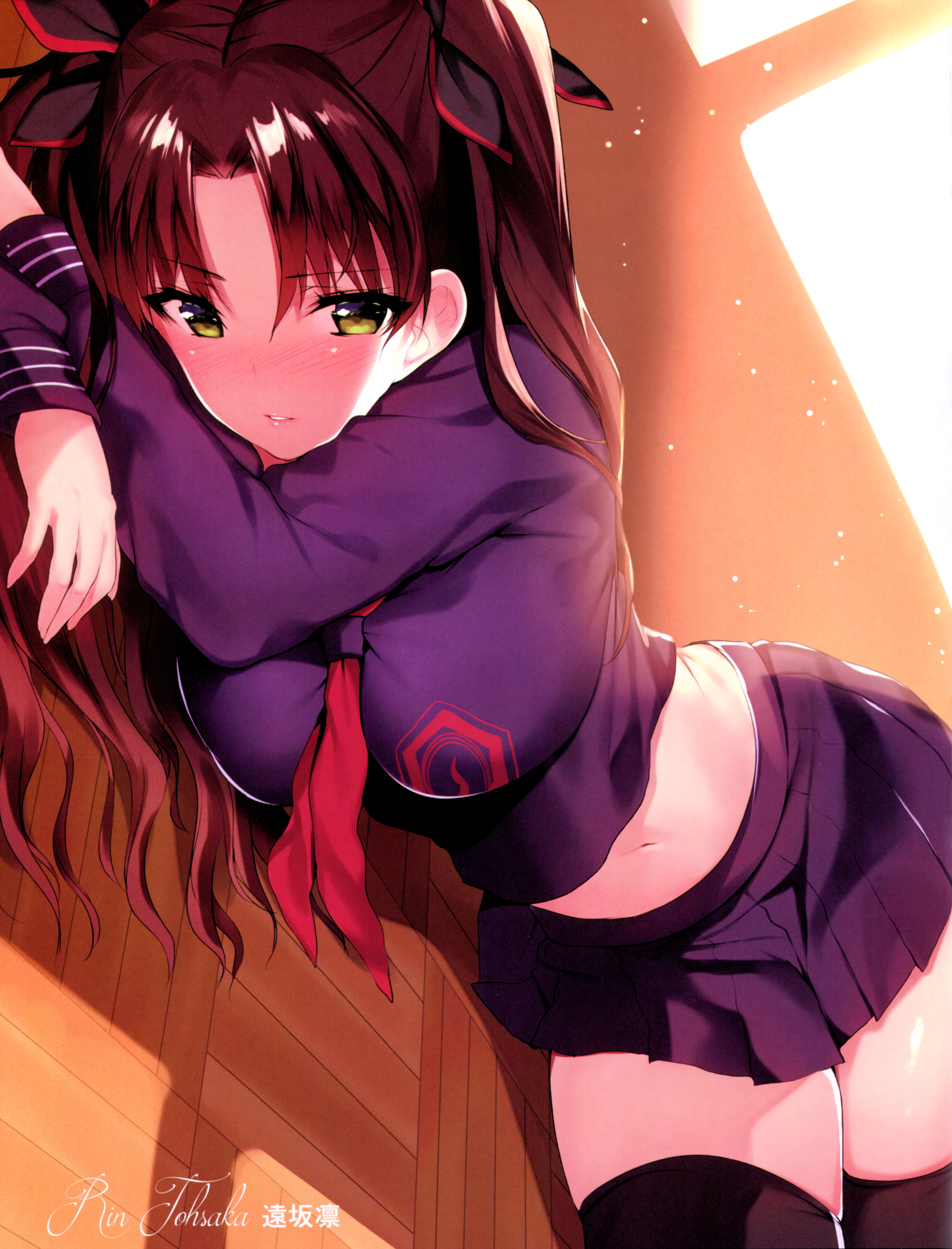 black hair, black serafuku, blush, bow, breasts, brown hair, character name, eyebrows visible through hair, fate (series), fate/extra, fate/extra ccc, fate/stay night, female, green eyes, hair ornament, hairbow, high resolution, indoors, large filesize, long hair, long sleeves, lying, mataro (matarou), matarou (matarou death blog), medium breasts, midriff, navel, on side, parted lips, pleated skirt, scan, school uniform, serafuku, skirt, solo, tagme, thighhighs, thighs, tied hair, tohsaka rin, twintails, very high resolution, yellow eyes, zettai ryouiki