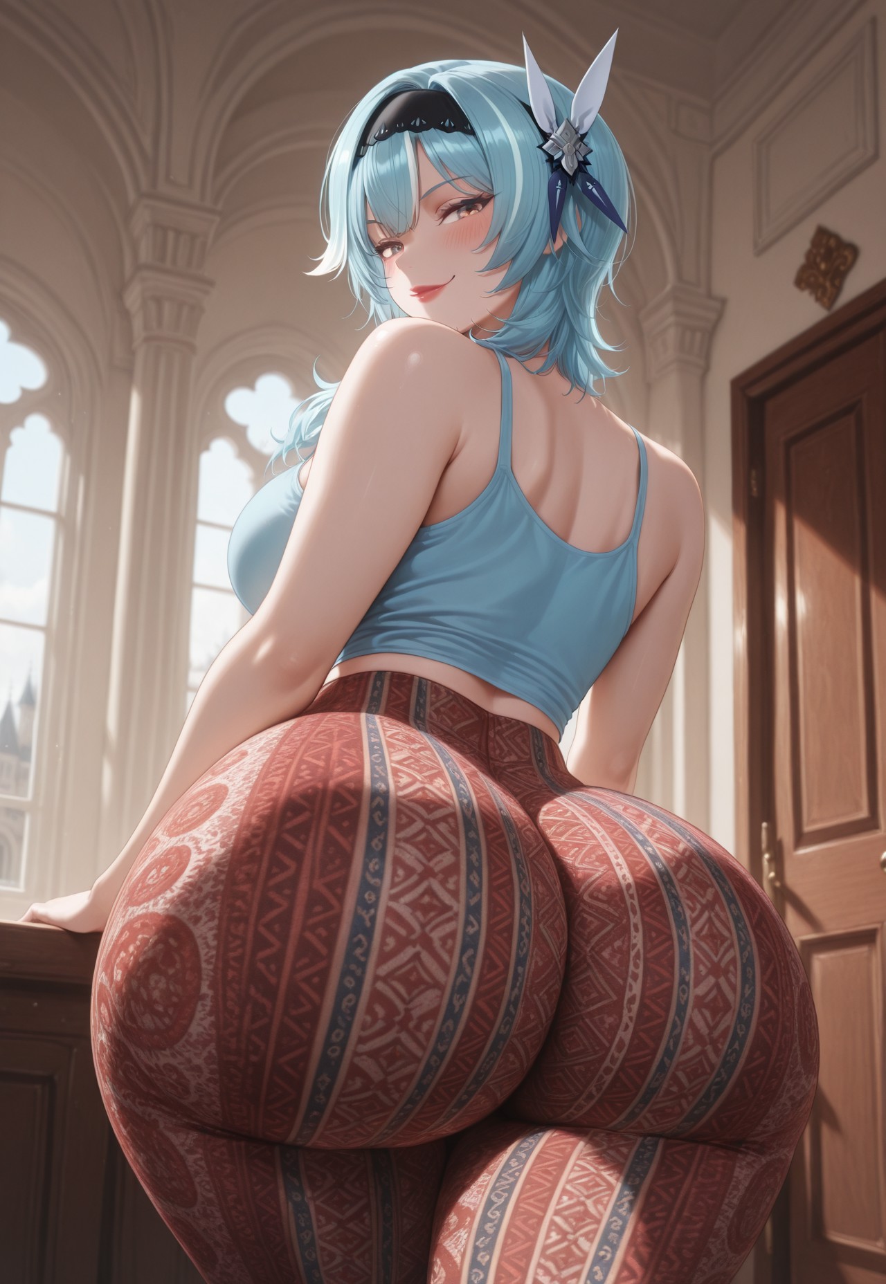 ai generated, ass, blush, curvy, eula (genshin impact), fat ass, female, genshin impact, hoyoverse, huge ass, indoors, leggings, lips, lipstick, looking at viewer, mouth closed, multicolored pants, smirk, thick thighs, yoga pants