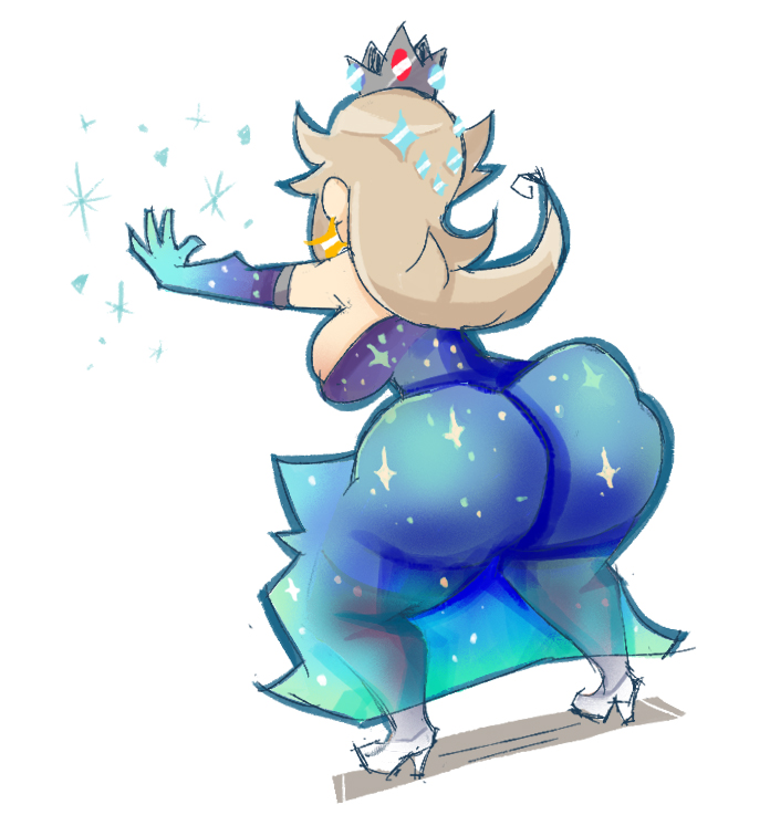 1girls, arms out, ass, big ass, crystals, demonbloodpal, dress, elbow gloves, female, from behind, gloves, mario (series), mario kart, mario kart world, nintendo, official alternate costume, open hands, princess rosalina, princess rosalina (aurora), rear view, solo, squatting