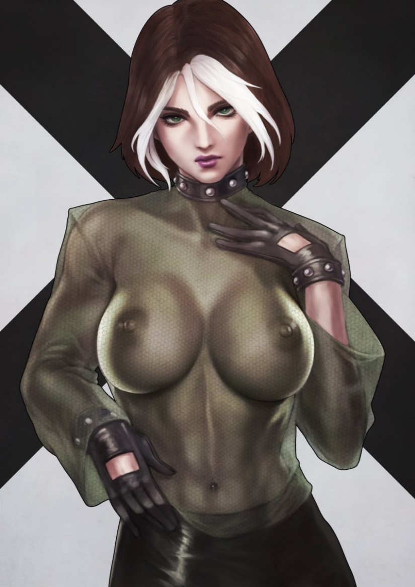 1girls, anna marie, bodysuit, bracelet, breasts, brown hair, collar, collarbone, covered navel, female, female only, fishnets, gloves, green eyes, large breasts, lips, makeup, marvel, marvel comics, monori rogue, monorirogue, multicolored hair, navel, navel piercing, nipples, no bra, piercing, rogue (evolution), rogue (x-men), see-through, short hair, solo, solo female, standing, transparent clothes, two-tone hair, white hair, x-men, x-men evolution