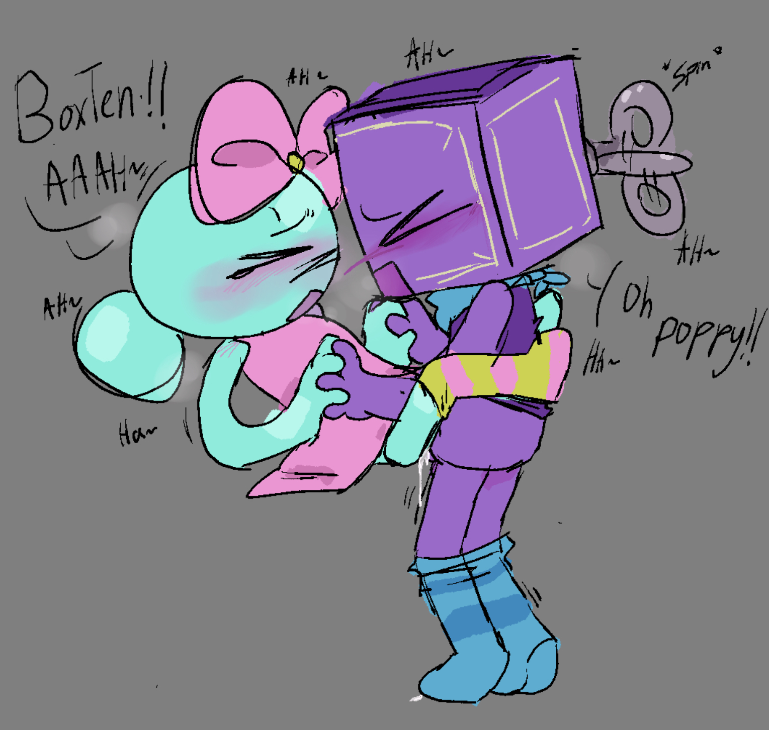 1boy, 1girls, bonessss, boxten (dandy's world), closed eyes, clothed sex, dandy's world, female, hand holding, holding hands, male, missionary position, pink bow, poppy (dandy's world), sex, standing, striped socks, tagme