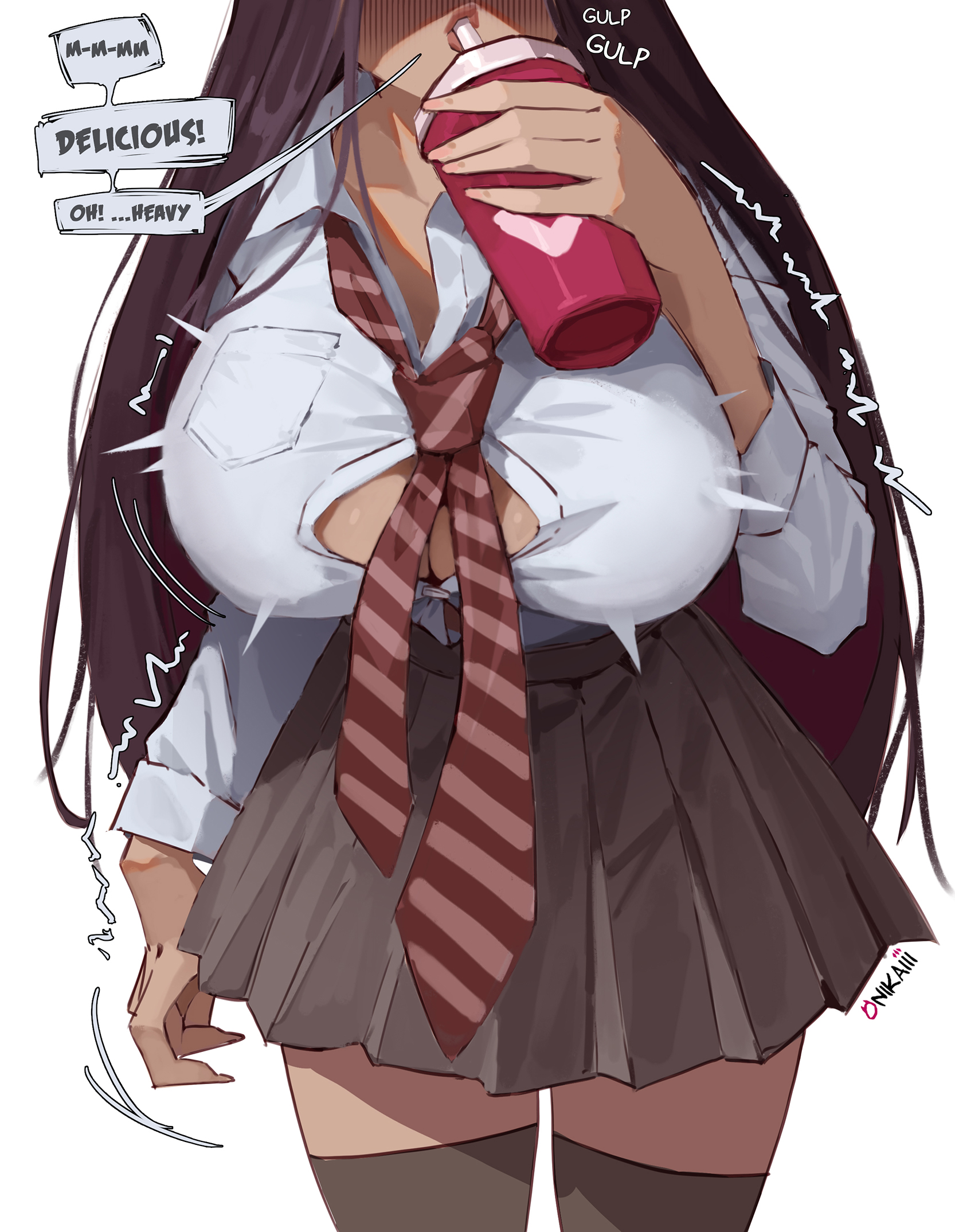 1girls, breast expansion, breast growth, breast growth (enlargement), breasts, breasts bigger than head, brown hair, bursting breasts, button gap, cleavage, dialogue, drinking, expansion, female, gigantic breasts, growth, growth drive, heavy breasts, oc, onikaiii, potion, school uniform, schoolgirl, shedy kurayami, skirt, solo, text, transformation, voluptuous, voluptuous female, wardrobe malfunction