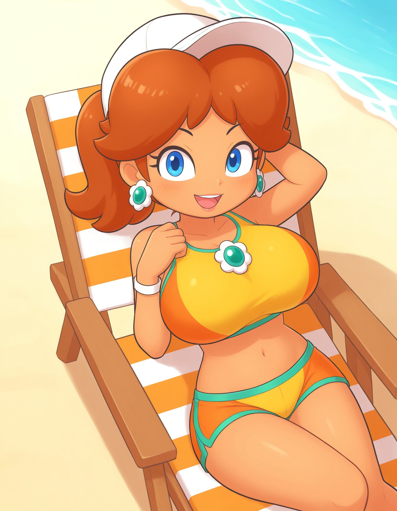1girls 2025 2d 2d_(artwork) beach big_breasts big_thighs blue_eyes breasts brown_hair ear_piercing earrings hat huge_breasts laying_down long_hair looking_at_viewer looking_pleasured mario_(series) mario_kart mario_kart_world mouth mouth_open nintendo pony_tail ponytail princess_daisy sand sea solo solo_female solo_focus summer tanned tanned_female tanned_skin teeth teeth_showing teeth_visible thighs water white white_skinned_female