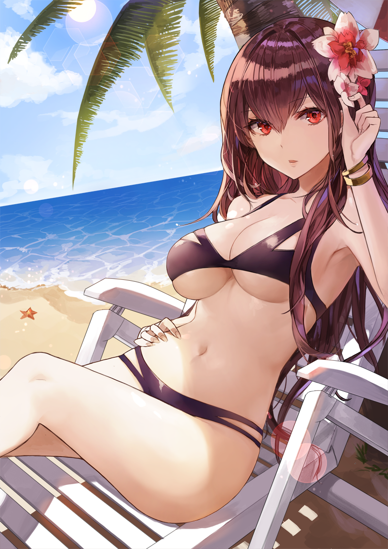 bangs beach bikini black_bikini black_swimsuit bracelet breasts chair crossed_legs day eb_(pixiv_2345928) eyebrows_visible_through_hair fate/grand_order fate_(series) female female flower hair_between_eyes hair_flower hair_ornament hand_on_hip horizon jewelry kim_eb lancer lancer_(fate/grand_order) large_breasts lens_flare long_hair looking_at_viewer lounge_chair navel outdoors palm_tree parted_lips pixiv_id_2345928 purple_eyes purple_flower purple_hair red_eyes scathach_(fate) sitting sky solo starfish stars swimsuit tagme thighs tree tsurime underboob water